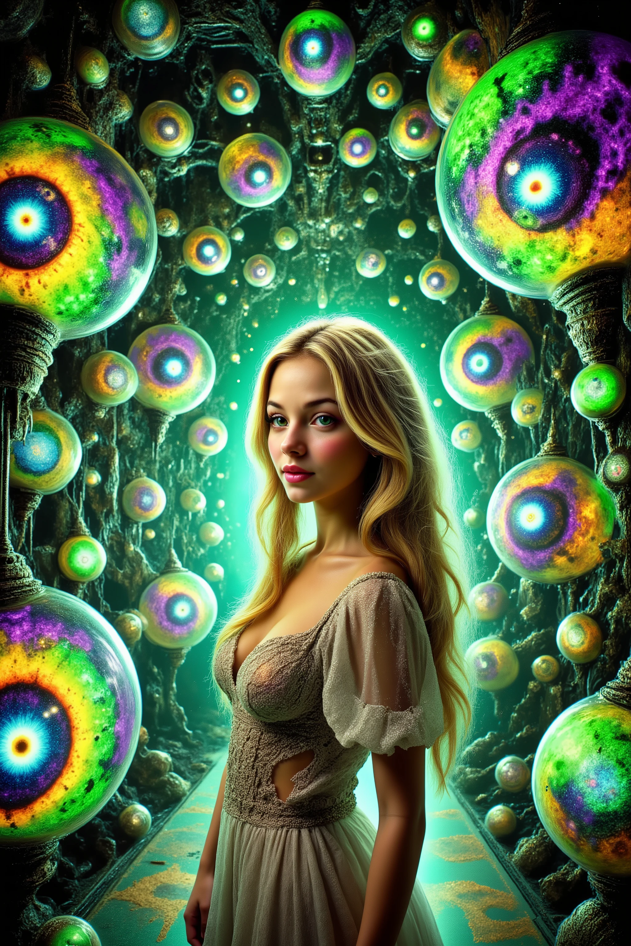 Extreme glow and shine reflect off glass orbs glass bubbles, in a room full of mirrors. Blonde young woman, very attractive, dress is glowing within. Around her reflective bubbles,and the mirrors reflect all the objects. Incorporate perfect symmetry and rotational symmetry. A psychedelic dream, vibrant colors shimmering, glass morphing from colors, intricate rainbow patterns twist in and out of objects while dripping into each other, perfectly formed symmetrical spheres and glowing reflective bubbles, extreme attention to detail on the bubbles and spheres, rainbows of color twist out of translucent orbs, spilled paint and spirals of swirling color in the background, beautiful psychedelic digital art, pixel art, neon colors, 4d mandelbulb psychedelics, glass-like psychedelic landscape, intricate rainbow environment, psychedelic underwater brightness, trails of color and light, bright fluorescent colors, psychedelic vibrant colors, bright psychedelic neon colors, colorful paint drips out of the bubbles, 3D glass spheres melting into each other spilling out colors, visually disorienting, hallucination inducing, optical illusions, startling, stunning images, awe-inspiringly, best quality wallpaper, pixel assets, portrait photography, surrealism, photorealistic, hyper detailed, glass morphism, digital art, sparkle, optical illusion, glowing light, reflection light, overexposure, god rays backlighting, depth of field, rotational symmetry, UHD, high details, high quality, super detailed, best quality, award winning, Masterpiece. Spheres reflecting light everywhere and it brings out images and optical illusions for the viewer's disorienting experience of looking at it. Super bright neon Colors.** incorporate bright neon green, neon blue, neon purple, neon yellow, &blood red**Extreme glow and shine reflect off