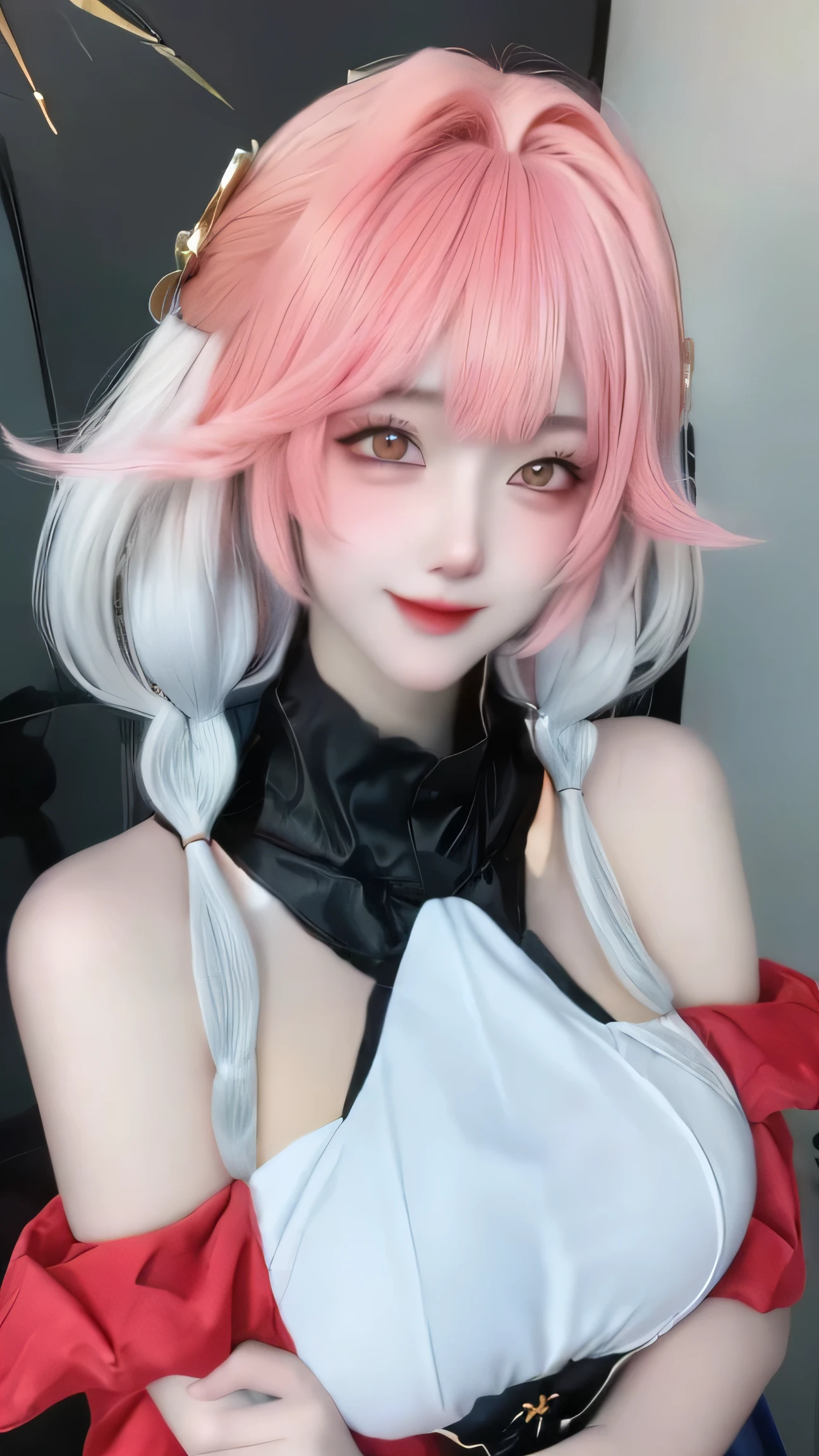 (best quality), (masterpiece), (Ultra-high resolution), (Clear face), (Reality: 1.4), (perfect lighting),(photorealistic:1.30), anime wallpaper, Guviz style artwork , fantasy cover up to magic , by Yang J, Guviz, beautiful artwork illustration, beautiful digital artwork, beautiful digital illustration, Li Song, beautiful anime portrait, art style at Beauvot,illustration, ethereal and beautiful, highly detailed, CG, unity, 8k wallpaper, Amazing, fine detail, official art, highly detailed CG unity 8k wallpaper,absurd, extremely absurd, large file size, highly detailed , high resolution, very detailed,beautiful girl with details, very detailed eyes and face, beautiful detailed eyes,light on the face,cinematic lighting, looking at viewer, changli-wuwa, 1girl, solo, pink hair, smile, yellow eyes, looking at viewer, cleavage, braid, bare shoulders, hair between eyes, hair ornament, multicolored hair, bangs, tattoo, white hair, long hair, blurry background, medium breasts, closed mouth, twin braids,white dress, soft lighting, Glowing skin, pake skin,(standing:1.3), (upper body:1.3),(super giant breasts: 1.5), (Sagging breasts:1.3), outdor, flower garden background