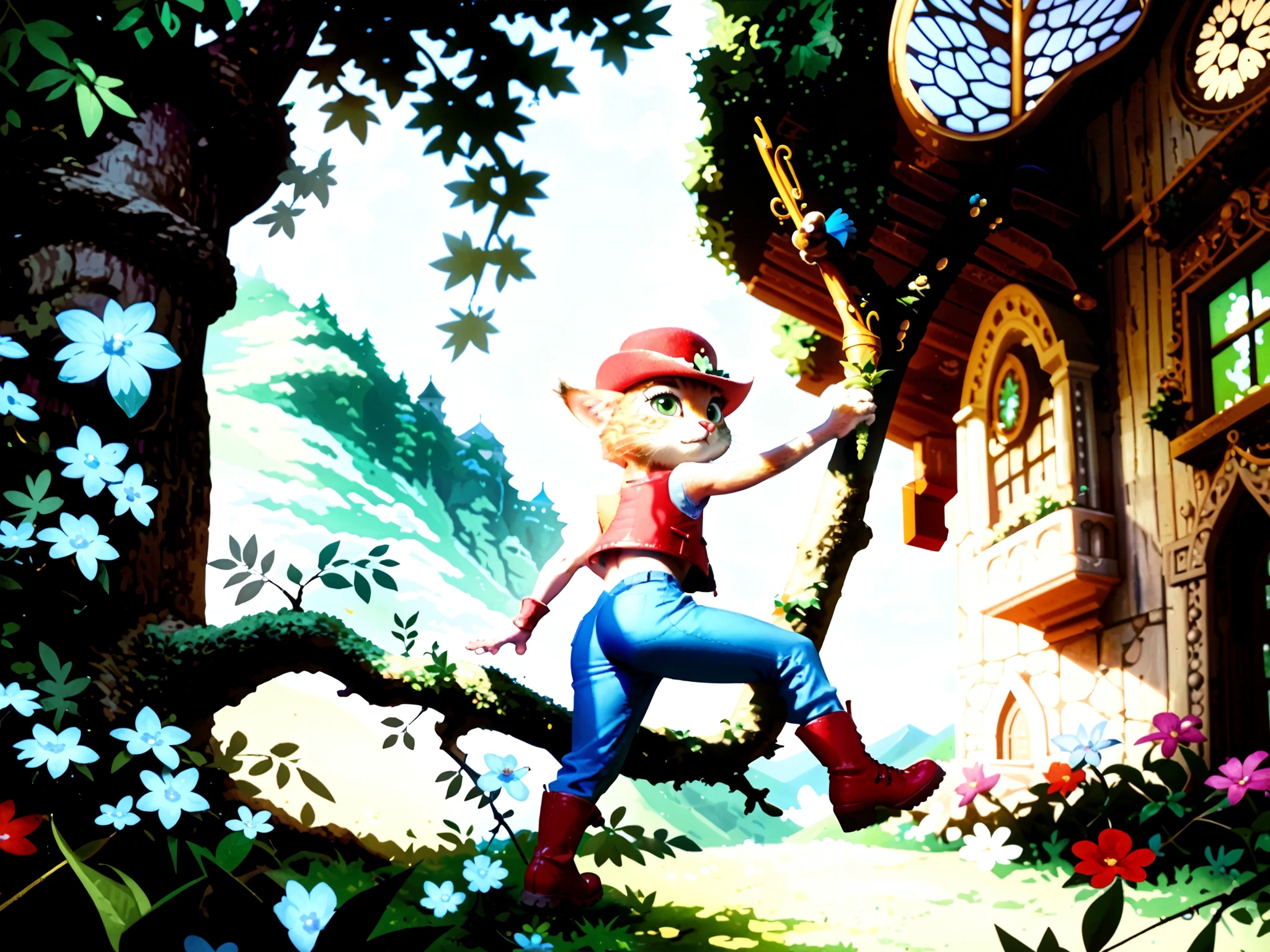 Illustration of a cat, boots on his hind legs, standing on a curved tree branch in a magical forest. A cat with red fur, emerald eyes, wearing red boots with gold buckles, bright blue pants, and a red vest with gold buttons. He holds a sword in one paw and a hat with feathers in the other. Fairies fly around him; the background is a sunset with orange and purple hues, a castle and mountains in the distance, trees with green leaves, a light mist, and flowers on the ground.