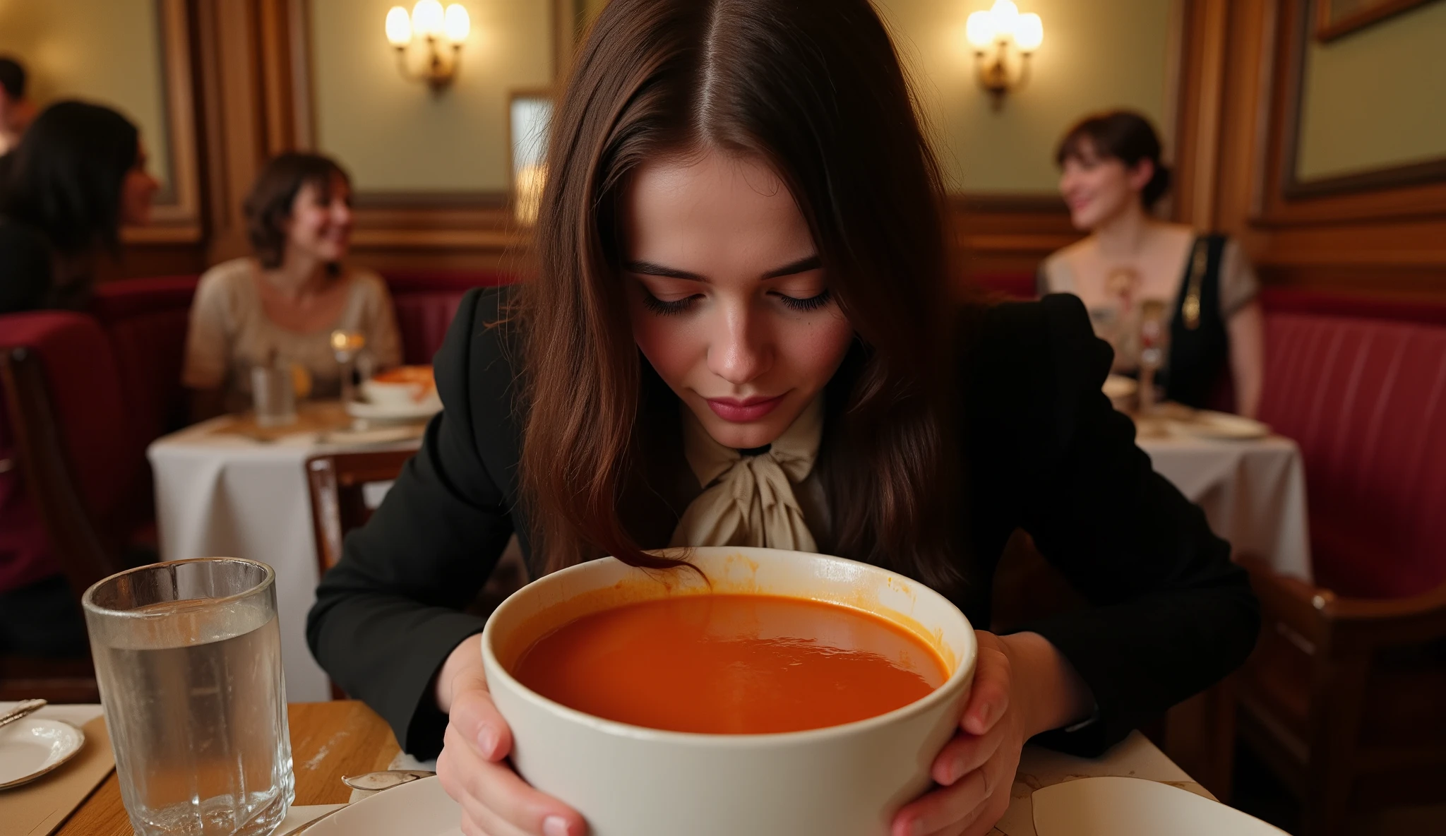A beautiful 21-year old woman with long, very dark hair and wearing a cream blouse, black formal jacket and a black skirt has her face dunked into a large, deep bowl full of tomato soup that is on the table in front of her by another woman. Restaurant setting.