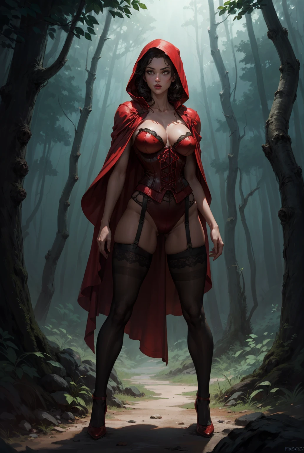 Red Riding Hood becoming the Big Bad Wolf, big breasts, frontal, full-length, looking at the camera, facing the audience, standing pose, forest background, three-dimensional light, detailed full-body concept, sleek digital concept art, beautiful full-body concept art, art trend, CGsociety full-length, huge breasts, tall, wide hips, huge bursting breasts