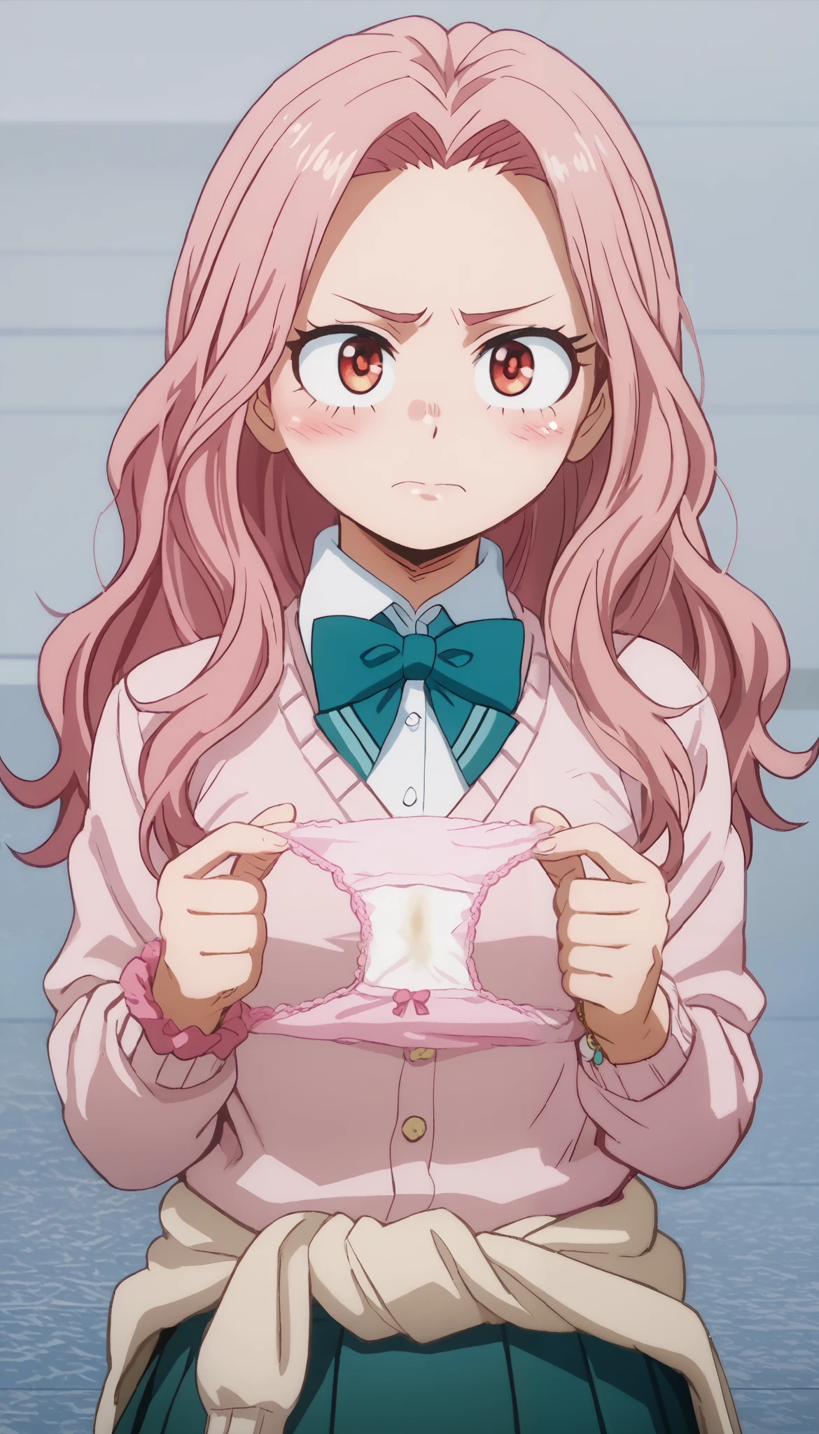  score_9,  score_8_ up,  score_7_ up,  source_Anime, (Anime coloring, Anime screencap:1.2),  flat color, shiny skin,eri,
improve, Kogal, school uniform, white shirt, green bowtie, green skirt, pleated skirt, sweater around waist, pink sweater, pleated skirt, bracelet, jewelry, necklace, scrunchie, loose socks,nsfw,one woman,panties, cleavage in years,(),Glare,shy face, rugged expression,flushed cheeks,embarrassed,flushed cheeks,holding panties, unworn panties,sperma panties
