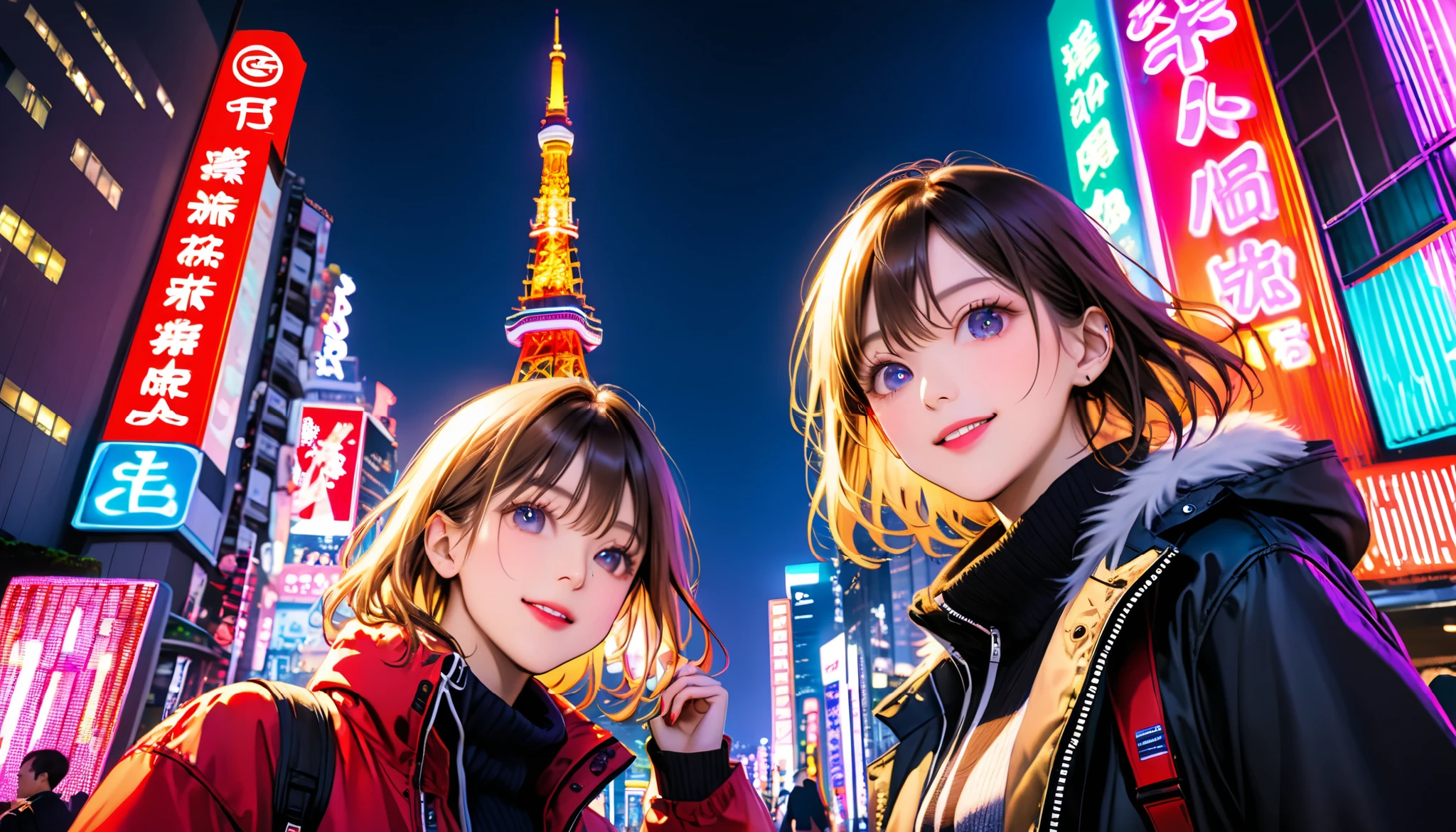 Two American model women happily taking commemorative photos near Tokyo Tower, illuminated by neon lights, at night