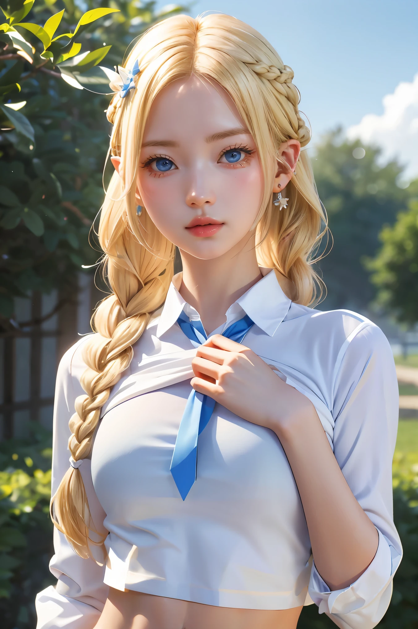 1girl, blonde hair, pointy ears, blue eyes, clothes lift, solo, hair ornament, hairclip, long hair, shirt lift, braid, looking at viewer, lips, lifted by self, horse, upper body, navel, day,white shirt,