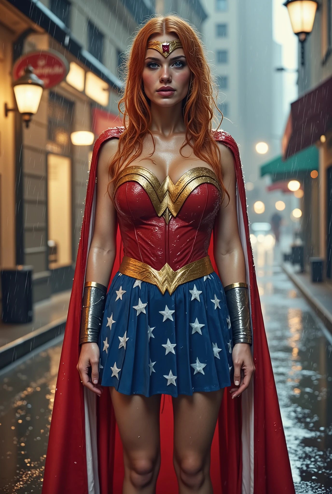 A BLUE EYED, A YOUNG CUTE, PETITE IRISH GINGER GIRL WEARING A 1960 PATRIOTIC WONDER WOMAN COSTUME, BLUE PATRIOTIC WONDER WOMAN SKIRT AND A RED WONDER WOMAN CAPE. SOAKING WET FROM THE RAIN OUTSIDE WALKING. SOAKED AND WET. 4K, 8K. HAIR, CLOTHES AND CAPE DRENCHED IN RAIN. 4K RAIN, 4K WATER BEADS, 4K HIGH RESOLUTION, SHARP CRYSTAL CLEAR IMAGE, PROUDLY WEARING THE 'WONDER WOMAN" EMBLEM.