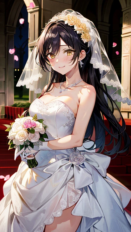 (masterpiece:1.3, top-quality, ultra high res, ultra detailed), (realistic, photorealistic:1.4), beautiful illustration, (natural side lighting, movie lighting), depth of fields,
looking at viewer, bust photo, uzumaki_kushina, perfect face, (perfect anatomy), cute and symmetrical face, baby face, shiny skin, slender
(long hair:1.8, straight hair:1.2) hair over one eye, purple eyes, pink lips, long eye lasher, (large breasts:1.3),
beautiful hair, beautiful face, beautiful detailed eyes, beautiful clavicle, beautiful body, beautiful chest, beautiful thigh, beautiful legs, beautiful fingers,
detailed cloth texture, wedding princess dress, head flower, headdress, (bandeau wedding dress:1.5), (silk dress:1.2), (strapless wedding dress:1.5),
plain white dress, necklace, earring, cleavage, bouquet, (lace gloves:1.2), (bridal veil:1.2), (short transparent veil:1.2),
(beautiful scenery), evening, crystal clear sunlight, (church, stained glass) walking, (happy smile, blush),