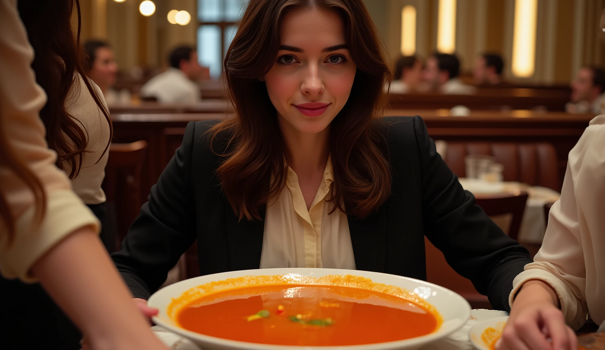 A beautiful 21-year old woman with long, very dark hair and wearing a cream blouse, black formal jacket and a black skirt has her head dunked into a large, deep bowl full of tomato soup that is on the table in front of her by another woman.  Restaurant setting.