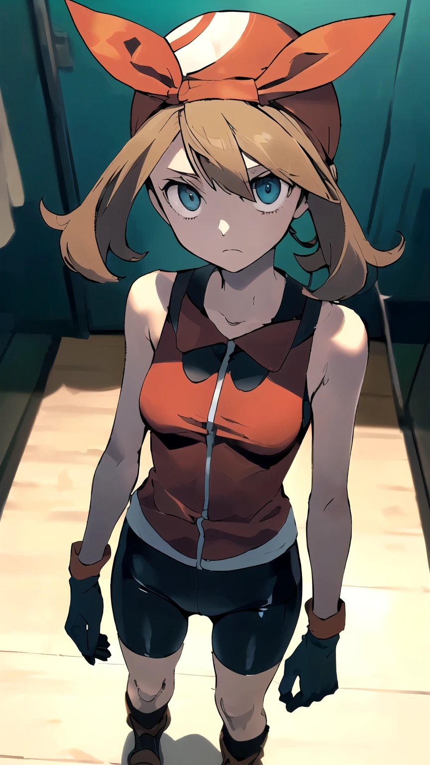 (masterpiece,best quality)), { Sugimori_Ken_artstyle_LoRA(1.2( : Manga_Style } {horror_edit} {horror_edit : creepy_room_aura} } { :(may, shirt, bike shorts, bandana, red shirt, hairband, medium hair, perfectly_small_shape_breast : perfectly_slender_body } { , gloves, shorts, bow hairband, sleeveless, red bandana,, } {standing : obedient : } { no_emotion : hypnotic_eyes : hypnotized_eyes : lazy_eyes} { sweating : } { : dark room : creepy : messy}