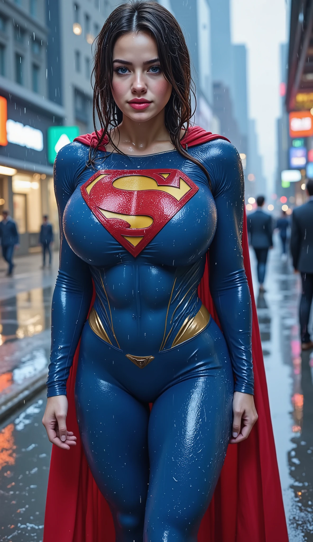 half-length,1girl,(Perfect figure, be tall and slim), solo, standing, (abandoned city:1.3), sky, Focus on the face,Beautiful face, Detailed delicate young face, supergirl, (Super girl torn suit:1.5), Jumpsuit, (huge breasts :1.5) ,thigh gap, camel toe, thigh gap, realistic style, vivid picture, masterpiece, (best quality:1.2), ultra-detailed, realistic face, High definition,High quality,Cinematic Light,Ray tracing, ultra high res 16k, UHD,(photorealistic:1.5),intricate details, detailed texture, finely detailed, High quality shadow