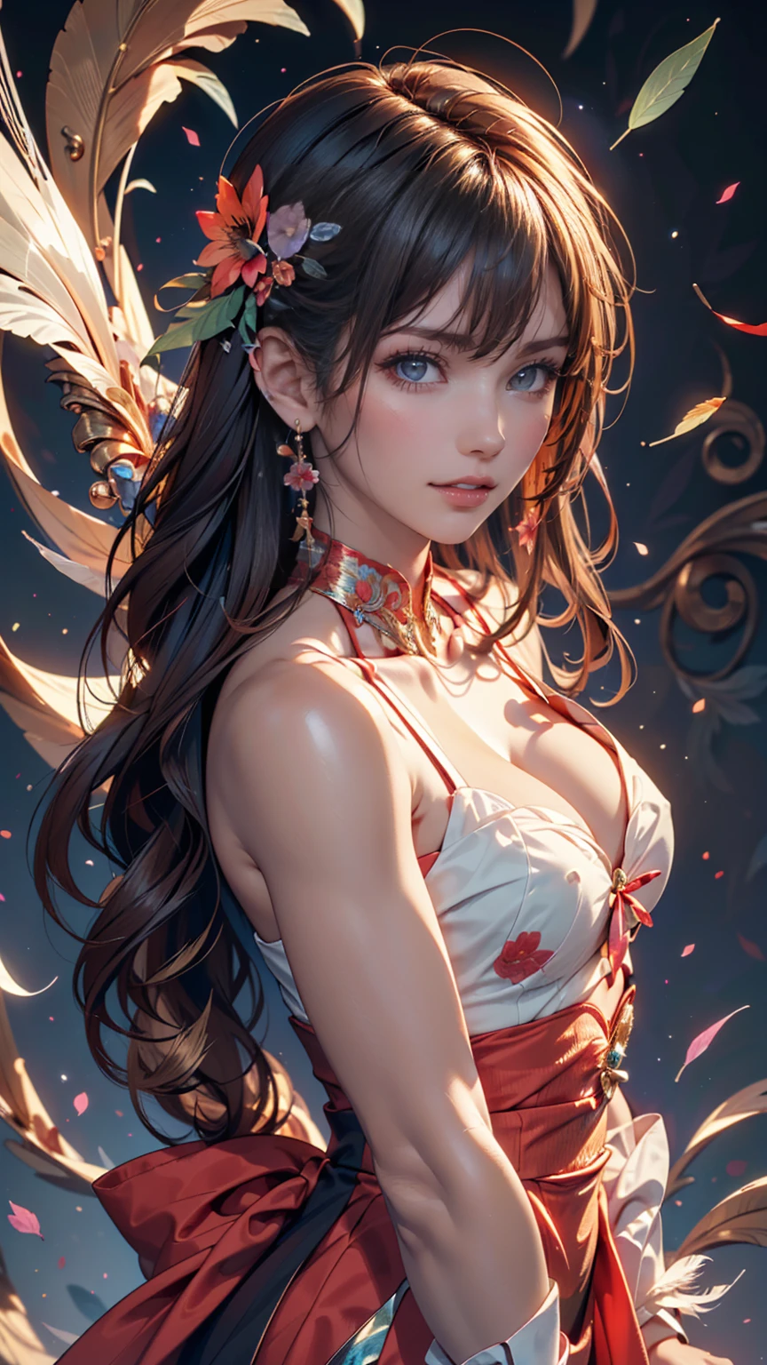 An angelic being without human affection, woman、Creator of the Universe, myth, The background of the image is, Heavenly Mountain Scenario, Orange Clouds. The image style should be cartoon-like, With powerful and impressive strokes, 登場人物にはmythや天使の要素が加わっている