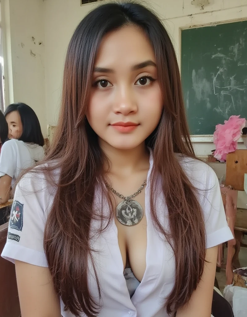 ((masterpiece)), ((best quality)), ((realistic photo)), portrait, wide shot angle, (3 beautiful girls), (smiling mouth:1.37), (Exquisite facial details), (Highest quality realistic skin texture:1.4), Supermodel, 16 years old , Perfect Anatomy:1.37, Indonesian women, high school girl, gravure, sexy, hair in 2 braids, (colored hair brown:1.21), bangs, proportional face, (face detail), ( eye details), red cheeks, makeup, (white unbottoned shirt, gray short skirt), (small breasts), (Sexy lower body), (seductive cleavage: 1.37), big thighs, perfect body anatomy, side view of classroom background, desks, chairs, arranged neat, clean floor, Very detailed, Correct teeth position, (Brown eyes) , Symmetrical eyes, Thin eyelashes, Sharpen eyebrows, ((Good eyes for quality:1.2)), (Long eyeliner), (red lipstick:0.8), (Nose detail:1.2), Perfect composition, (tired , Sleepy and satisfied:0.0), (Beautiful Lips:1.33), (Short nose:1.2), ((Realistic)), ((Sharp focus)), (Highest Resolution), highly detailed, professional photos, highly detailed, 8k photography, HDR, depth of field, high resolution, dramatic cinematography lighting.