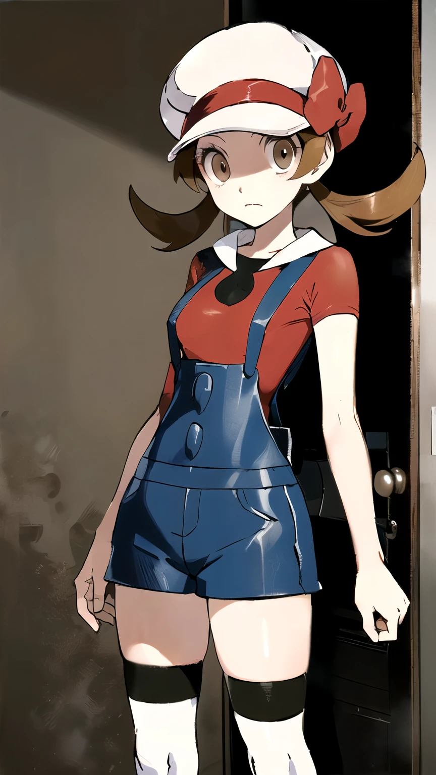 (masterpiece,best quality)), { Sugimori_Ken_artstyle_LoRA(1.2( : Manga_Style } {horror_edit} {horror_edit : creepy_room_aura} } { :(ly01, white headwear, hat bow, brown_eyes, eyelashes, perfectly_small_shape_breast : perfectly_slender_body } { overalls, white thighhighs, red bow, red shirt,} {standing : obedient : } { no_emotion : hypnotic_eyes : hypnotized_eyes : lazy_eyes} { sweating : } { : dark room : creepy : messy}