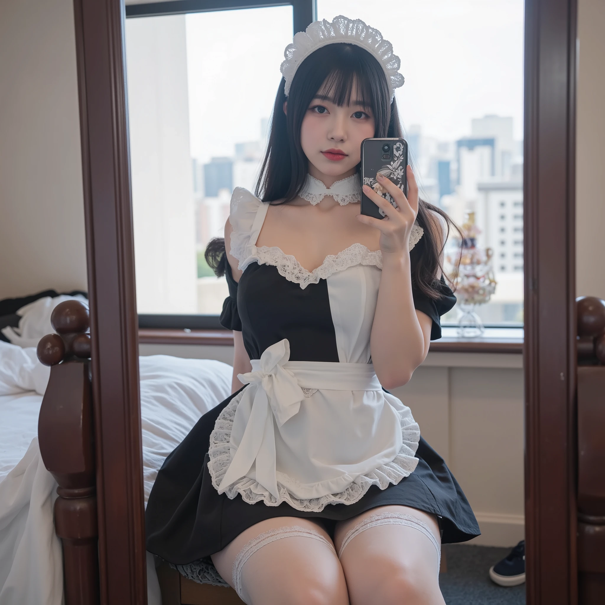 best quality, masterpiece, 1 girl, perfect beautiful face, (photo photo:1.3), edge lighting, photography lighting, (high detail skin:1.2), 8k ultra hd, DSLR, high quality, high resolution, white skin, detailed textured skin, half body in frame, sexy posing, poker face, perfect propotion face, symetric face, eye level shot, 4k, 8k, bokeh, absurd, best ratio four fingers and one thumb, (realistic:1.3), beautiful detailed girl, cute 1girl, dark brown hair, long hair, ponytail, bangs, volume hairs, collosal-breast, full looking breast, projecting breast, slim waist, slender, small thighs, perfectly proportion, mansion interion background, detailed background, standing, frontal posing, direct gaze, ponytail, cat ears, pantyhose, maid, apron, cosplay, maid apron, realistic, dress, fake animal ears, bow, see-through legwear, skirt, short sleeves, maid headdress, frills, nvpu, 1girl, solo, maid, cosplay, maid headdress,maid apron, neck ribbon, bow, ponytails, projecting chest, hands behind back