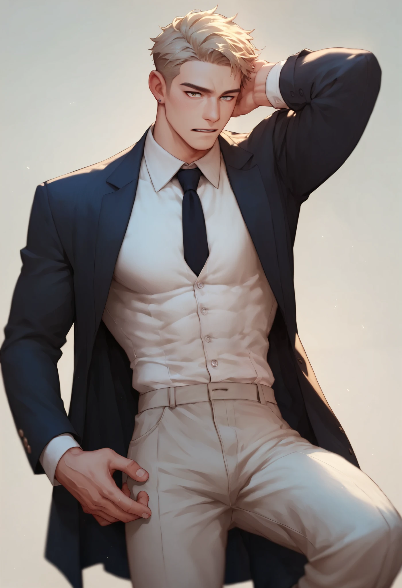 Masterpiece, best quality, masculine handsome boy, very detailed beautiful face and eyes, very detailed skin, (1boy: 1.4), solo, pov, short hair, brown eyes, blonde hair, abs: 0.8, muscles: 0.7, prison, police uniform, male,