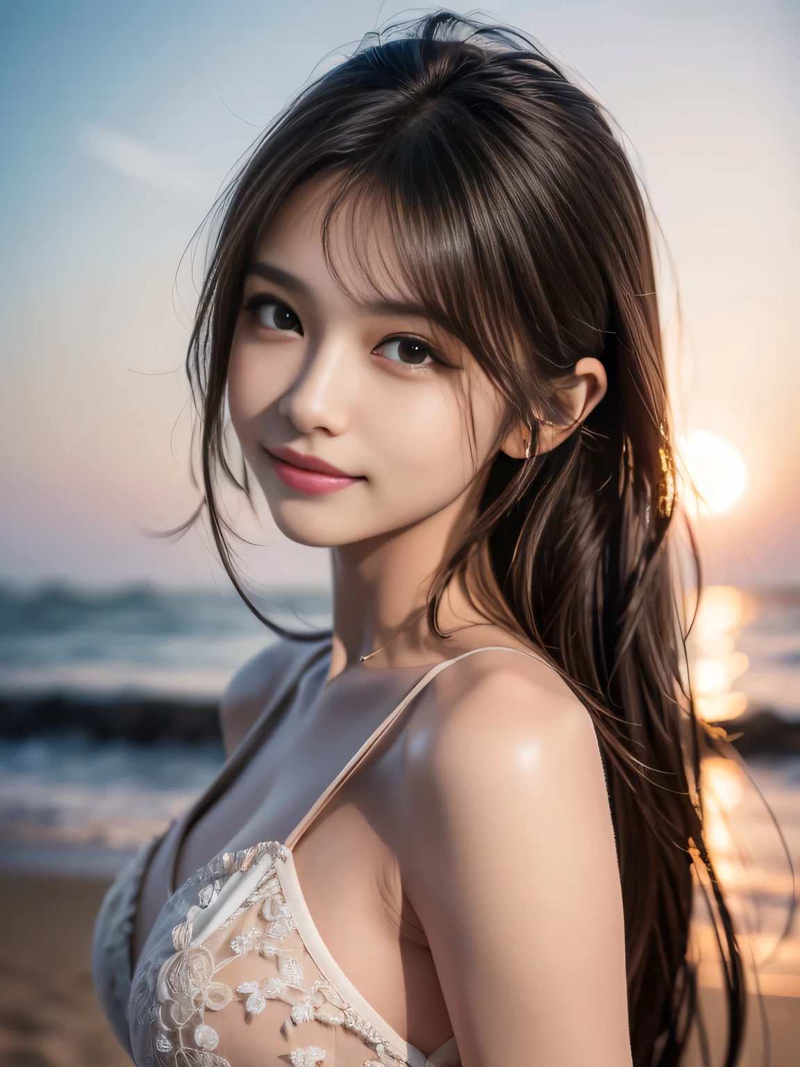 a serene landscape, a beautiful beach with a path, fluffy white clouds drifting across a blue sky, the sound of waves washing over the shore, the summer breeze carrying the scent of the season, bright sunlight casting a warm glow, a smiling girl with flowing hair, (best quality,4k,8k,highres,masterpiece:1.2),ultra-detailed,(realistic,photorealistic,photo-realistic:1.37),detailed facial features,beautiful detailed eyes,beautiful detailed lips,extremely detailed eyes and face,longeyelashes,serene,tranquil,peaceful,idyllic,warm colors,golden hour lighting,cinematic,dreamlike,nostalgia,landscape,natural lighting