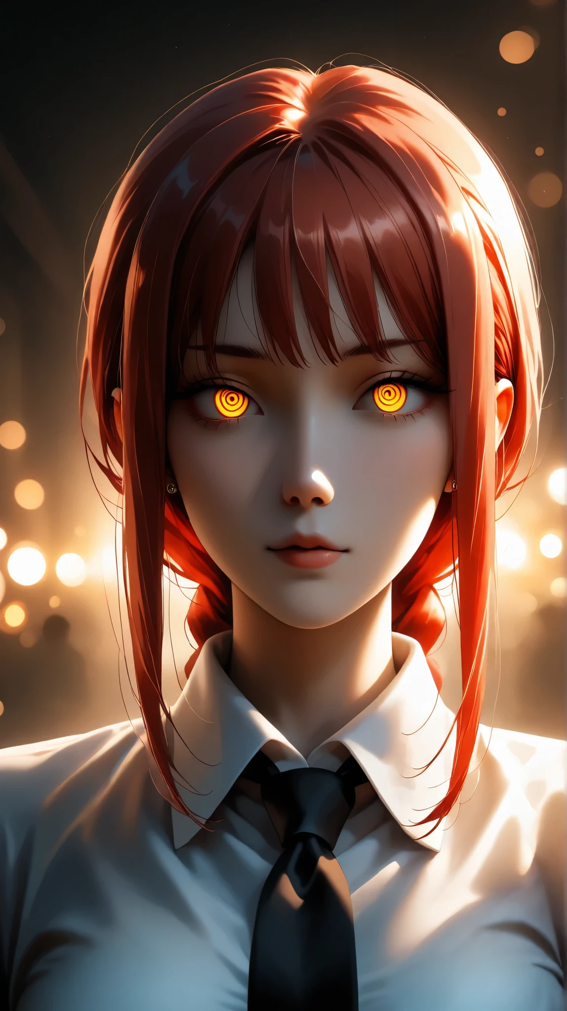 best quality, illustrator anime, style retro classic, A beautifully detailed, portrait of Makima from Chainsaw Man, with red braided hair, bangs, and piercing yellow and golden ringed eyes. She wears a white shirt and necktie, with intricate skin texture and pores. The image is shot with cinematic lighting, sharp focus, and a subtle bokeh effect, creating a captivating and visually stunning artwork.