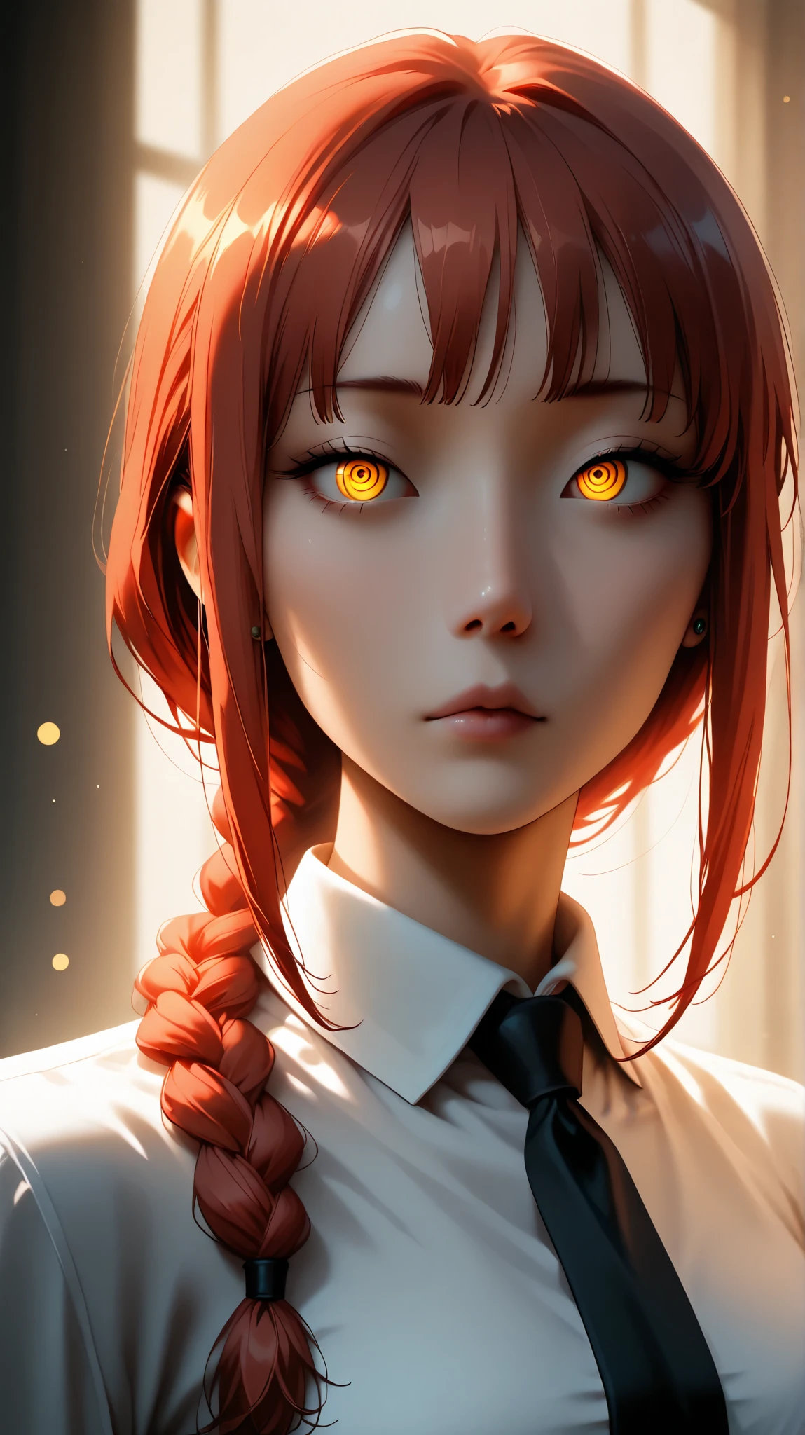 best quality, illustrator anime, style retro classic, A beautifully detailed, portrait of Makima from Chainsaw Man, with red braided hair, bangs, and piercing yellow and golden ringed eyes. She wears a white shirt and necktie, with intricate skin texture and pores. The image is shot with cinematic lighting, sharp focus, and a subtle bokeh effect, creating a captivating and visually stunning artwork.