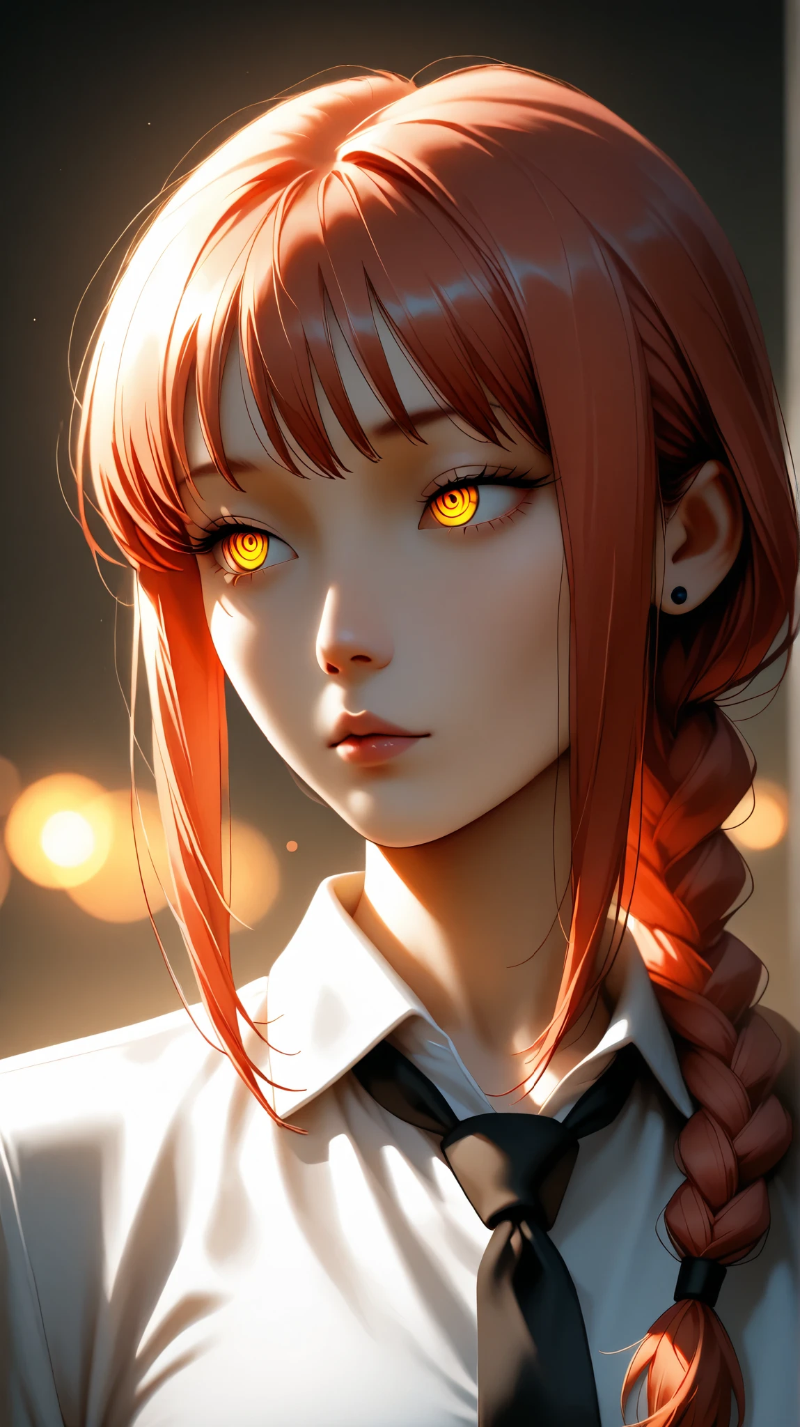 best quality, illustrator anime, style retro classic, A beautifully detailed, portrait of Makima from Chainsaw Man, with red braided hair, bangs, and piercing yellow and golden ringed eyes. She wears a white shirt and necktie, with intricate skin texture and pores. The image is shot with cinematic lighting, sharp focus, and a subtle bokeh effect, creating a captivating and visually stunning artwork.