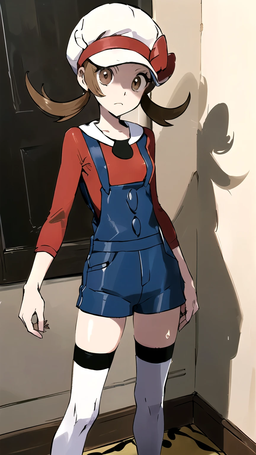 (masterpiece,best quality)), { Sugimori_Ken_artstyle_LoRA(1.2( : Manga_Style } {horror_edit} {horror_edit : creepy_room_aura} } { :(ly01, white headwear, hat bow, brown_eyes, eyelashes, perfectly_small_shape_breast : perfectly_slender_body : petite } { overalls, white thighhighs, red bow, red shirt, elbow_sleeves} {standing : obedient : } { no_emotion : hypnotic_eyes : hypnotized_eyes : lazy_eyes} { sweating : } { : dark room : : messy}