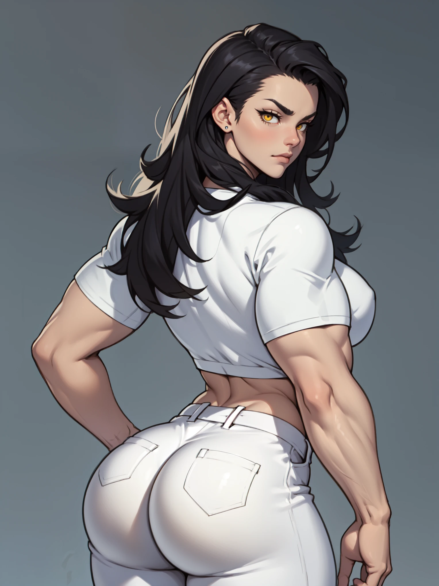 muscular girl thick breasts black hair yellow eyes pale skin best quality sad frown thick