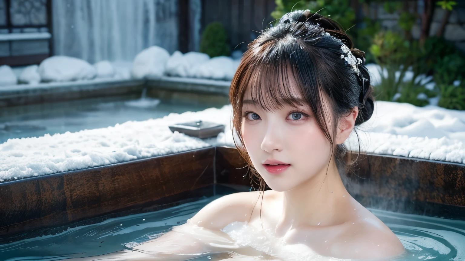 A serene open-air hot spring bath scene in the night, starry night sky, realistic water texture, an elegant lady bathing in hot spring up to the shoulder, soft steam rising up from hot spring around her, traditional Japanese hairstyle, her hair tied up, wearing nothing, no ornaments, surrounded by snowy landscape and traditional Japanese scenery under the moonlight, refined sensuality, captivating presence, beautiful white-colored translucent skin, glamorous figure, glossy face, heavy and vivid makeup, sweaty, a little bit leaning forward, washing the body with a towel, looking up, shot looking up from diagonal below, {photorealistic}, {4K resolution}, {cinematic}, {dramatic}
