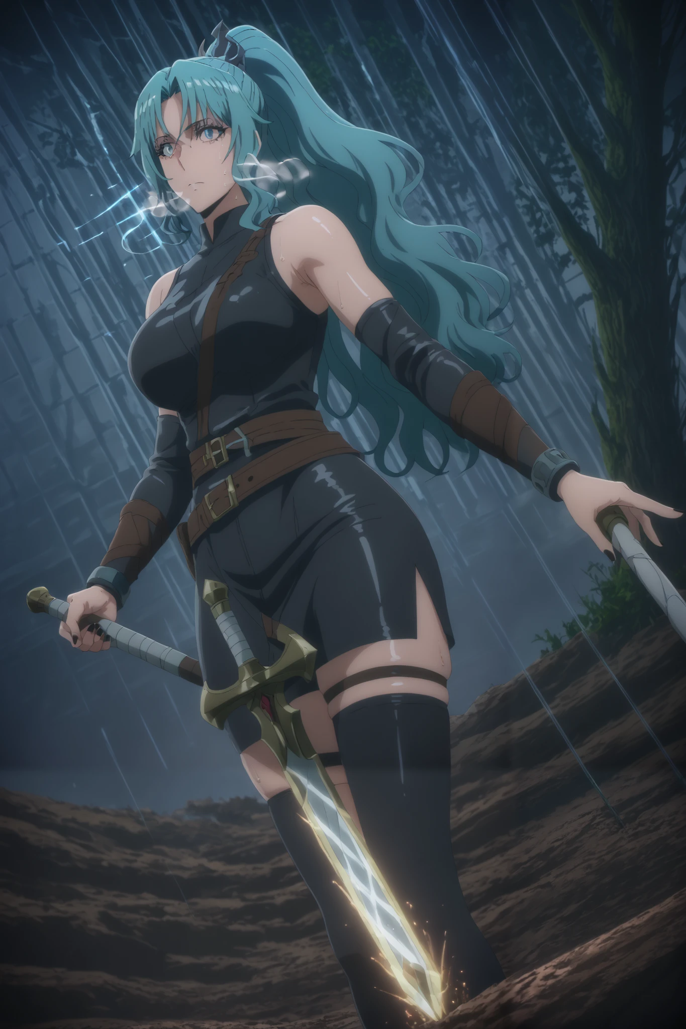 score_9, score_8_up, score_7_up, uncensored, tomoe, aqua hair, parted bangs, high ponytail, aqua eyes, slit pupils, bright pupils, anime coloring, anime screencap, shiny skin, (voluptuous:1.3), (thick:1.3), BREAK UHD, retina, masterpiece, accurate, anatomically correct, textured skin, super detail, high details, high quality, award winning, best quality, highres, 4K, black nails, makeup, eyelashes, excessive sweating, sweating, sweating drop, (gasping, heavy breathing:1.3), (skindentation:1.2), perfect eyes, beautiful eyes, eyelashes, makeup, detailed body, perfect body, BREAK, 1girl, weapon, solo, dual_wielding, holding, belt, polearm, looking_at_viewer, BREAK, hollow eyes, expressionless, dark matter, magic, aura,
