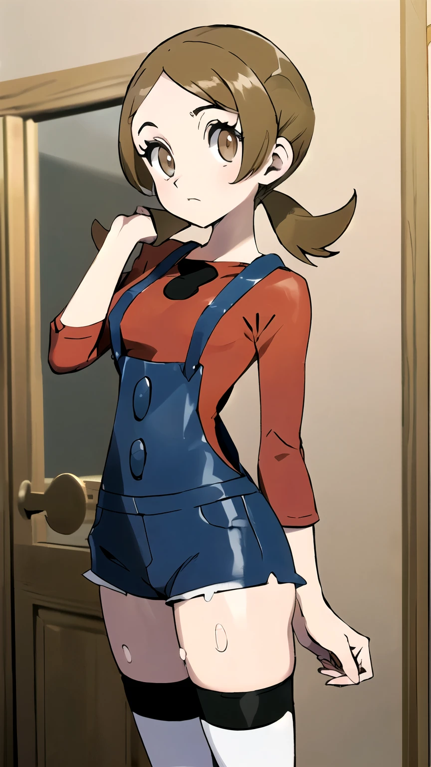 (masterpiece,best quality)), { Sugimori_Ken_artstyle_LoRA(1.2( : Manga_Style } {horror_edit} {horror_edit : creepy_room_aura} } { :(ly01, twin_pigtail , brown_eyes, eyelashes, perfectly_small_shape_breast : perfectly_slender_body : petite } { overalls, white thighhighs, red shirt, elbow_sleeves} {standing : obedient : hands_behind_head } { no_emotion : hypnotic_eyes : hypnotized_eyes : lazy_eyes} { sweating : } { : dark room : : messy}
