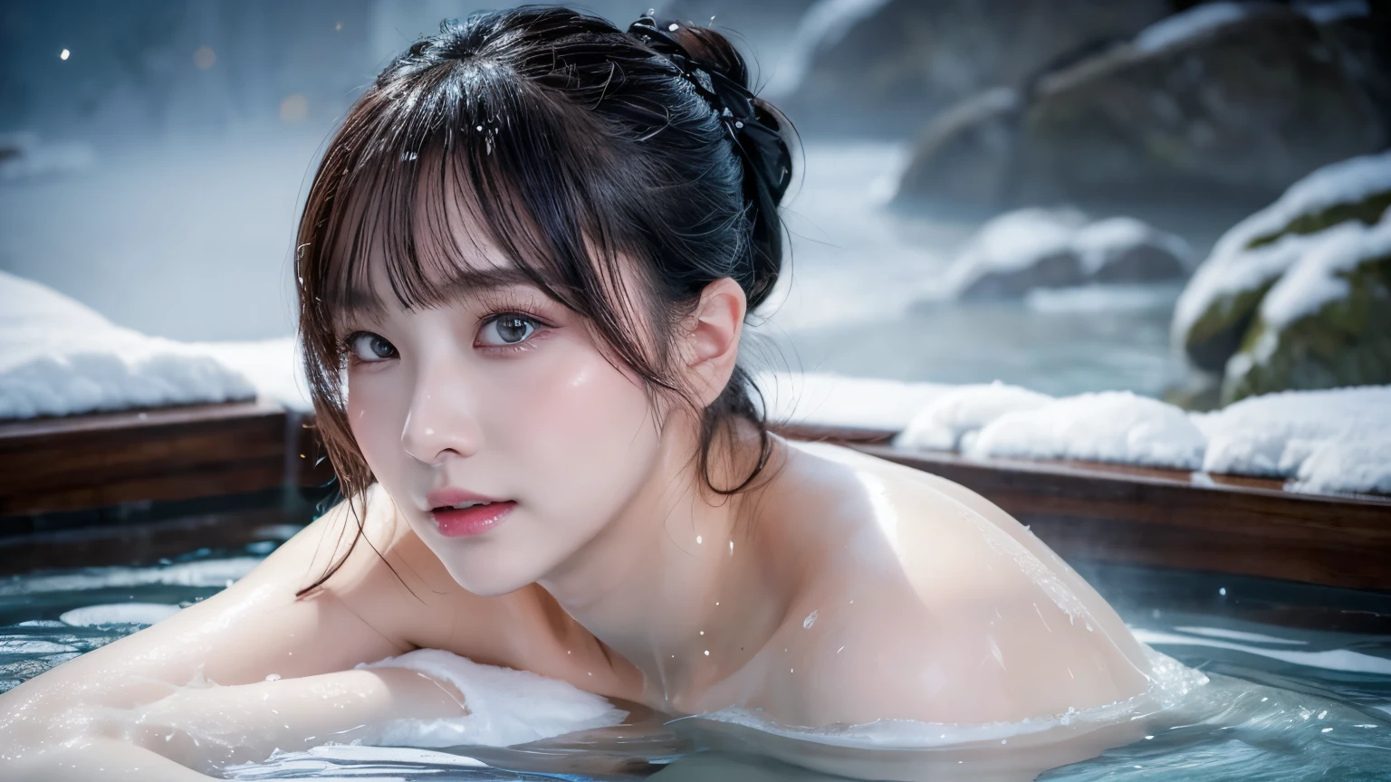 A serene open-air hot spring bath scene in the night, starry night sky, realistic water texture, an elegant lady bathing in hot spring up to the shoulder, soft steam rising up from hot spring around her, traditional Japanese hairstyle, her hair tied up, wearing nothing, no ornaments, surrounded by snowy landscape and traditional Japanese scenery under the moonlight, refined sensuality, captivating presence, beautiful white-colored translucent skin, glamorous figure, glossy face, heavy and vivid makeup, sweaty, a little bit leaning forward, washing the body with a towel, looking up, shot looking up from diagonal below, {photorealistic}, {4K resolution}, {cinematic}, {dramatic}