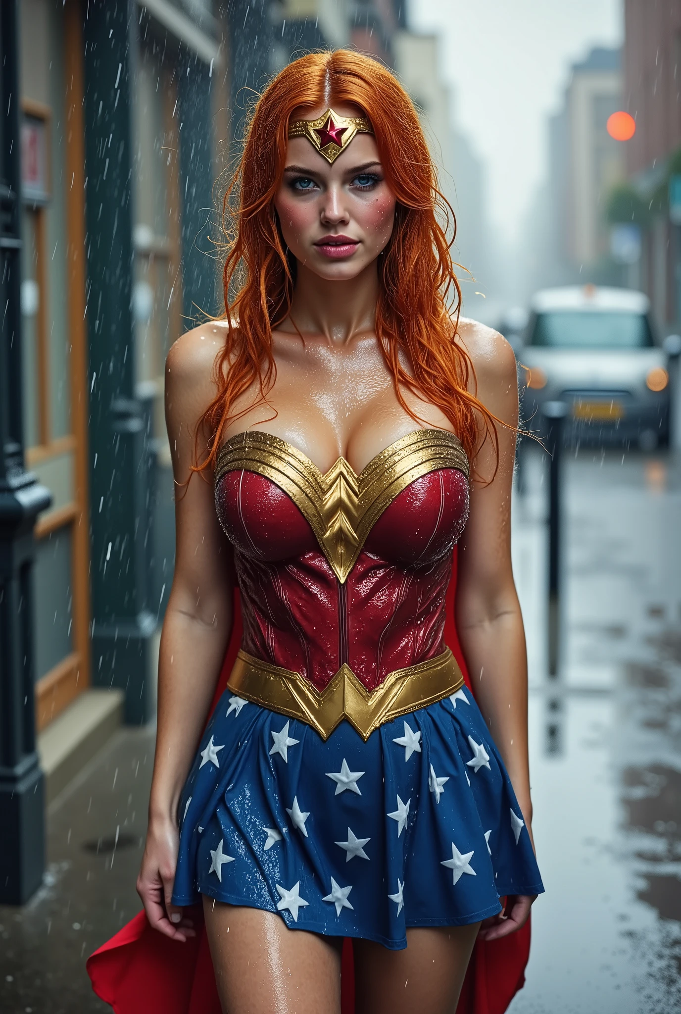 A BLUE EYED, A YOUNG CUTE, PETITE IRISH GINGER GIRL WEARING A PATRIOTIC WONDER WOMAN COSTUME, BLUE PATRIOTIC WONDER WOMAN SKIRT AND A RED WONDER WOMAN CAPE. SOAKING WET FROM THE RAIN OUTSIDE WALKING. SOAKED AND WET. 4K, 8K. HAIR, CLOTHES AND CAPE DRENCHED IN RAIN. 4K RAIN, 4K WATER BEADS, 4K HIGH RESOLUTION, SHARP CRYSTAL CLEAR IMAGE, PROUDLY WEARING THE 'WONDER WOMAN" EMBLEM.