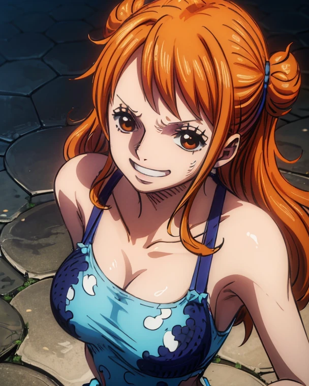 An Arafe woman wears a bikini top and red super miniskirt, nami one piece, uma obra-prima , Retrato bonito de Nami, nami from one piece,Nami em super minissaia vermelha, arte de anime digital detalhada, Cute Exirobat showing white pants, Muito detalhado Artgerm haha, deviantart artstation cgsscosiety, realistic red bikini, roupa de banho vermelha, fanart melhor artstation, Artgerm. alto detalhamento, seios grandes.