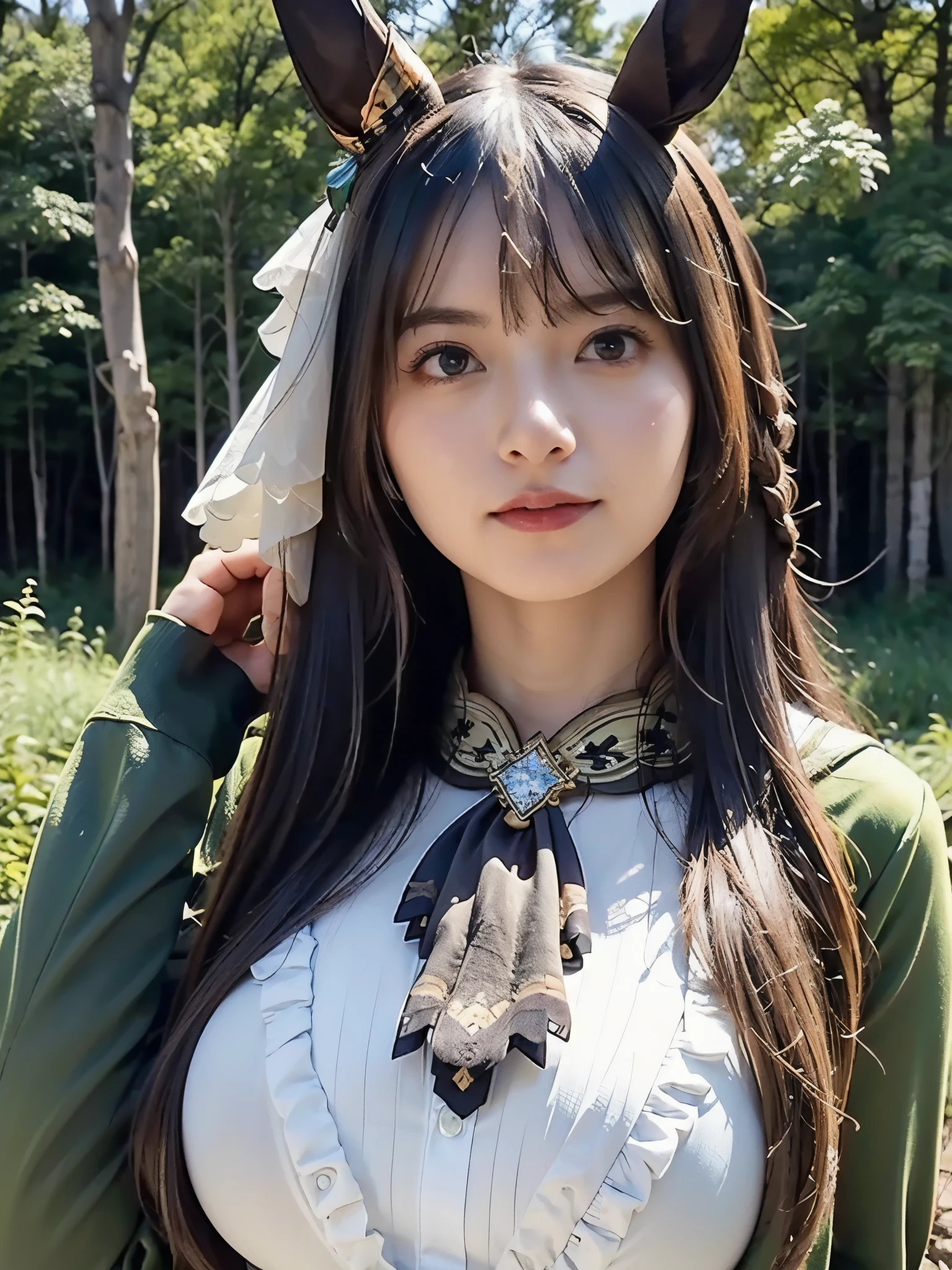 1girl, solo, cute japanese girl, Hight school girl, Looking at camera, smile, (Low Height), (large Breasts:1.5, pointy breasts:1.5),
break
upper body, (portrait:1.2), (hand up:1.3), (Seductive pose), (Swayback stance:1.5), dynamic pose, dynamic angle,
break
16K, Raw photo, (extremely detailed 16k wallpaper), (realistic, photo realistic:1.4), 
break
aasato, long hair, half updo, braid, hair between eyes, animal ears, ear ornament, horse tail, breasts, frills, black ascot, green dress, (long sleeves past wrists:1.35]), black thighhighs,
break
uotdoor, in the forest,