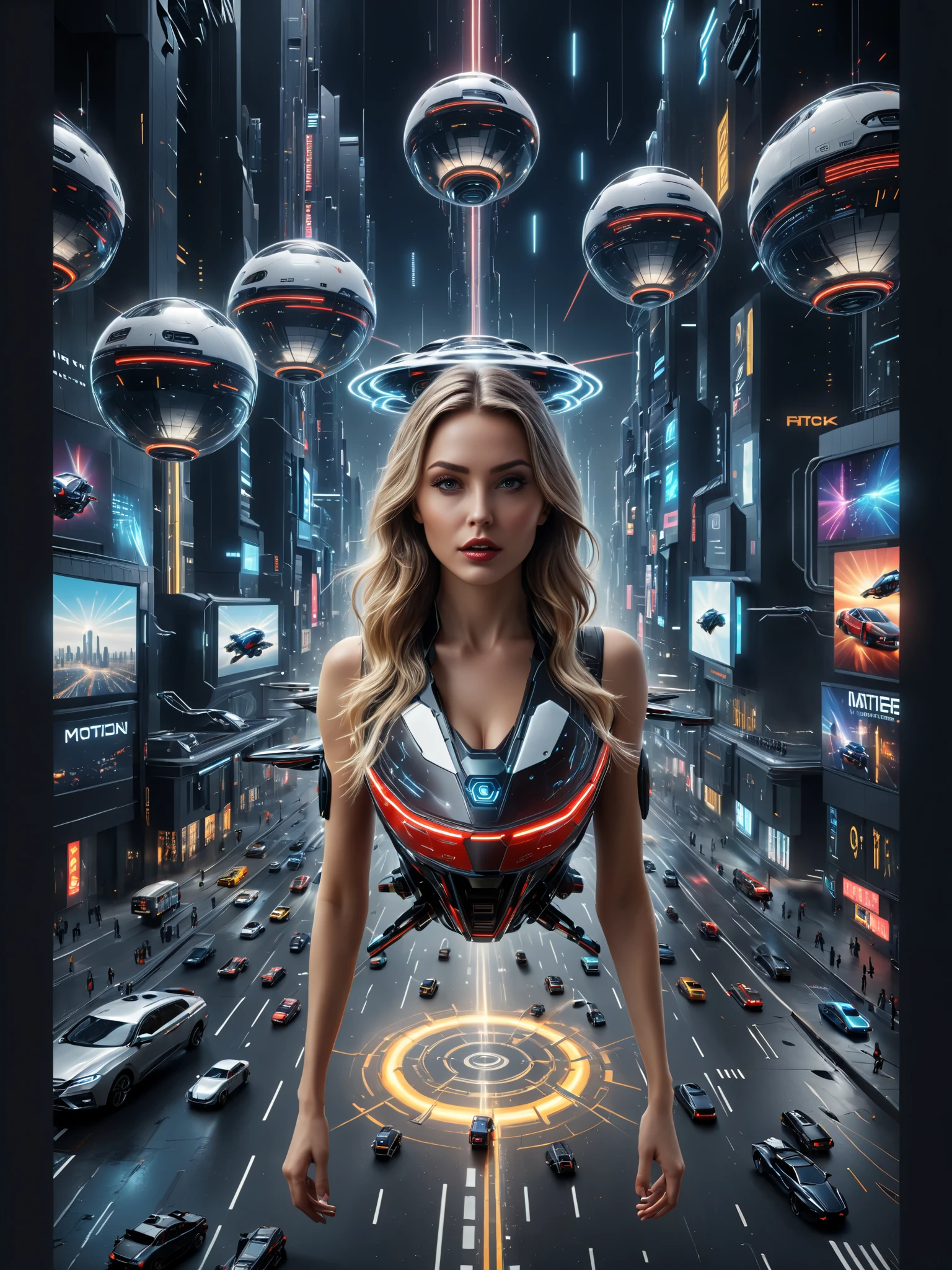 (best quality,4k,8k,highres,masterpiece:1.2), photorealistic,photo-realistic:1.37),highly detailed futuristic metropolis. Skyscrapers with media screens for windows. Hover cars, painted bright glossy red and super reflective black flying high and low leave trails of color behind as they chase each other. Speed lines. Motion lines. Hover bikes follow while dodging propellerless drones that litter the crystal clear sky. 3D, realism, cinematic photography, cinematic lighting, cinematic portrait, portrait photography, cinematography, full focus, UHDR, hyperrealistic, visually disorienting, hallucination inducing, optical illusions, startling, stunning images, awe-inspiringly, pixel assets, portrait photography, surrealism, etheral, futuristic, cyberpunk cityscape, futurism, highest quality, masterpiece.