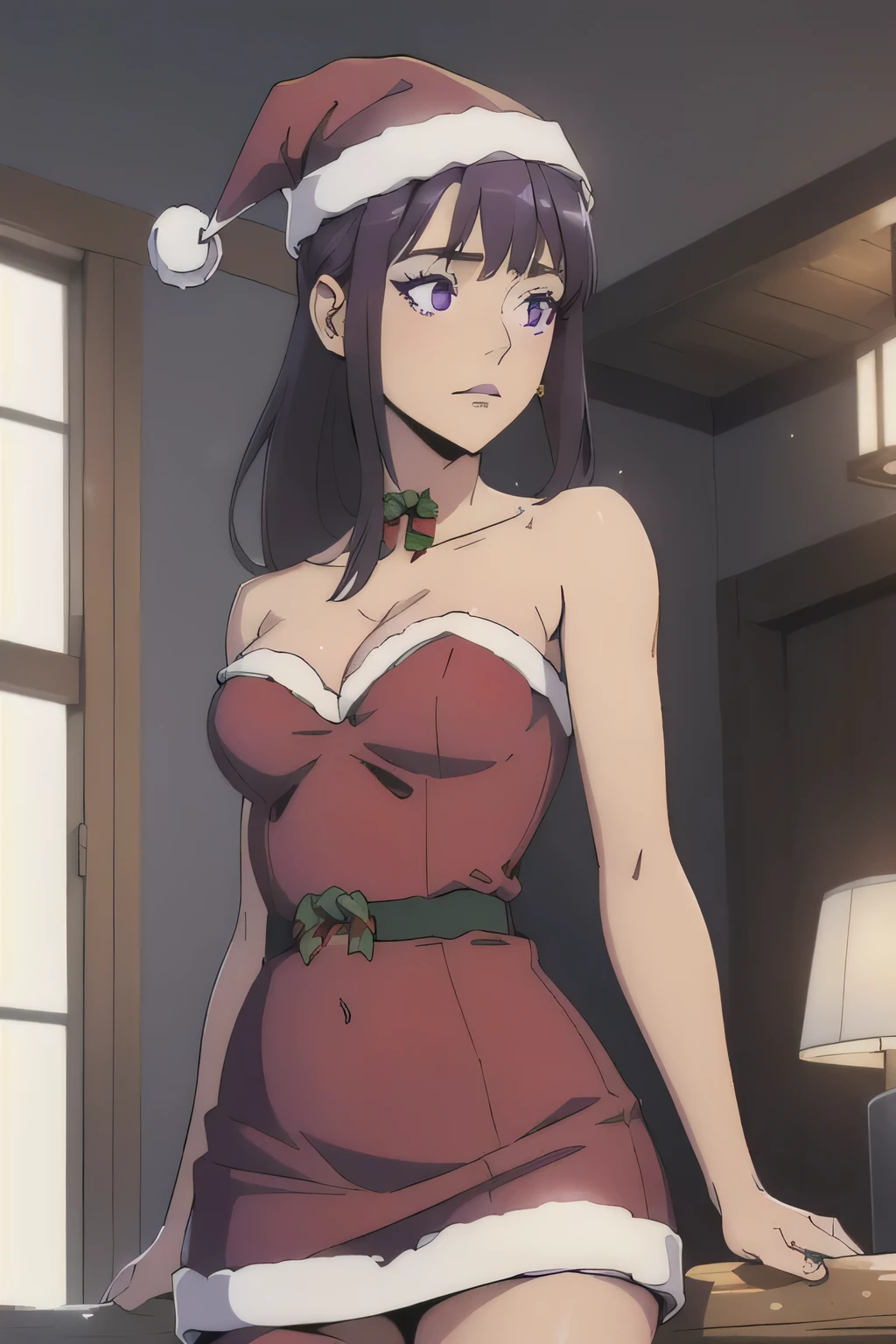 1 girl in, 18, photo of Sung Jinha, Solo Levelling Waifu, photo of perfect woman, Solo, Aesthetic artwork, (long hair, straight purple hair, long ponytail, dark purple hair, bangs: 1.25), (violet eyes, clear skin, fare skin, small breasts, B-cup, runners body, very thin waist, skinny, petite, detailed skin texture, (Masterpiece), (cleavage, focus on breasts:1.2), (wearing makeup, (santa), red santa dress, santa hat, strapless dress: 1.5), looking down at her, leaning towards you, Looking up at you, seeing down her cleaveage, (cozy log cabin, stary sky), (extremely detailed 8k wallpaper), soft lighting, high quality, film grain, 50mm, High Detail, Sharp focus, (natural light), (cowboy photo:1.2), light particles