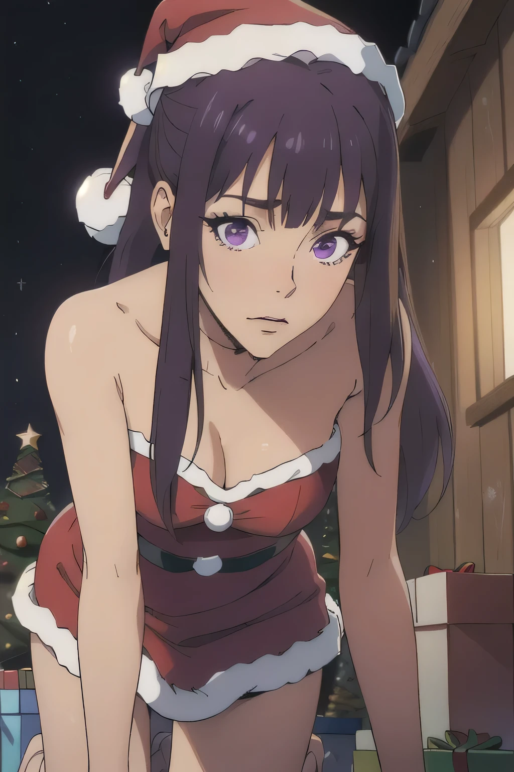 1 girl in, 18, photo of Sung Jinha, Solo Levelling Waifu, photo of perfect woman, Solo, Aesthetic artwork, (long hair, straight purple hair, long ponytail, dark purple hair, bangs: 1.25), (violet eyes, clear skin, fare skin, small breasts, B-cup, runners body, very thin waist, skinny, petite, detailed skin texture, (cleavage, focus on breasts:1.2), (Masterpiece), (wearing makeup, (santa), red santa dress, santa hat, strapless dress: 1.5), looking down at her, leaning towards you, Looking up at you, seeing down her cleaveage, (cozy log cabin, stary sky), (kneeling down before master, splits kneeling, legs apart), looking up at camera, overhead perspective), (extremely detailed 8k wallpaper), soft lighting, high quality, film grain, 50mm, High Detail, Sharp focus, (natural light), (cowboy photo:1.2), light particles