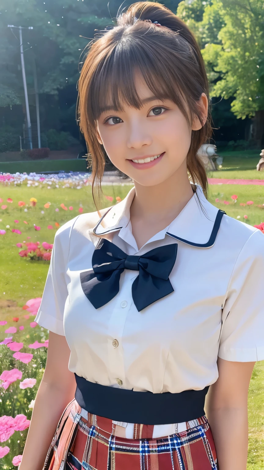 Tabletop, Highest quality, 8k、(Golden ratio face、Balanced Eyes、Very lively eyes、Slightly droopy eyes)、double eyelid、Innocent face、Young Face、Beautiful Nose、Embarrassed Laugh、Lip gloss、Balanced style、Brown twin tail hair、Very beautiful girl、Beautiful girl solo like a model、Tartan check tie、Sailor suit、White shirt、Tartan Check Skirt、White shoes下、White shoes、16age、nice smile、teeth、There is wind、The sun is dazzling、Standing on a mountain where flower fields are in full bloom、
