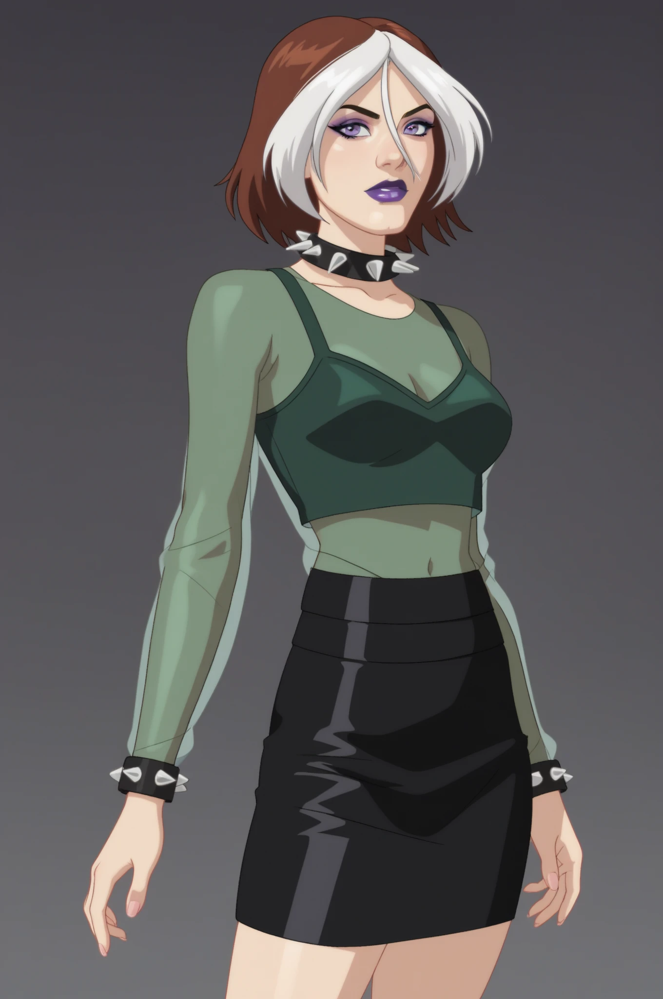source _ cartoon , score_9, score_8_arriba, score_7_arriba, score_6_arriba, score_5_arriba, score_4_arriba, BREAK, 1 girl, 1 girl, rogue, wonder, multicolored hair, brown hair , white hair , purple lipstick , purple eye shadow, green eyes, transparent shirt, skirt, spiked necklace , spiked bracelets , modeling pose