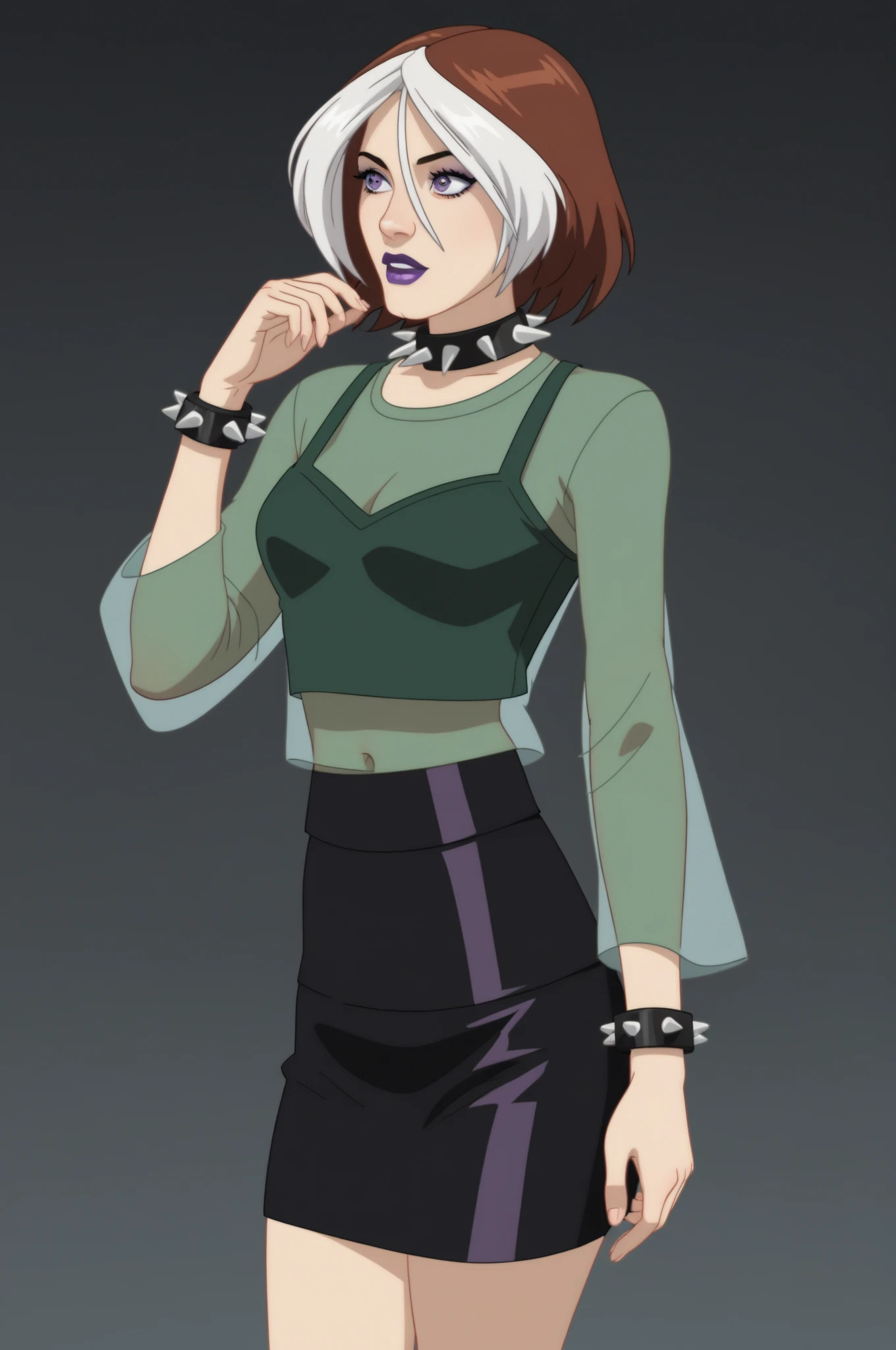 source _ cartoon , score_9, score_8_arriba, score_7_arriba, score_6_arriba, score_5_arriba, score_4_arriba, BREAK, 1 girl, 1 girl, rogue, wonder, multicolored hair, brown hair , white hair , purple lipstick , purple eye shadow, green eyes, transparent shirt, skirt, spiked necklace , spiked bracelets , modeling pose