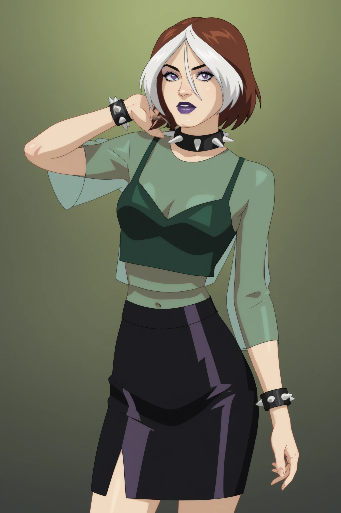 source _ cartoon , score_9, score_8_arriba, score_7_arriba, score_6_arriba, score_5_arriba, score_4_arriba, BREAK, 1 girl, 1 girl, rogue, wonder, multicolored hair, brown hair , white hair , purple lipstick , purple eye shadow, green eyes, transparent shirt, skirt, spiked necklace , spiked bracelets , modeling pose