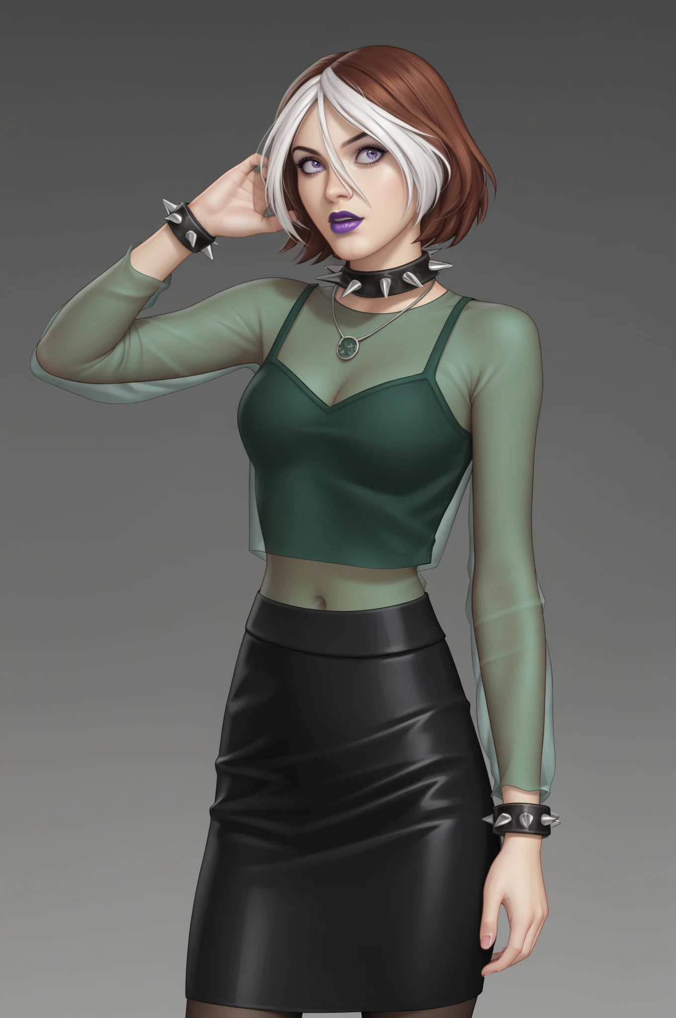 source _ cartoon , score_9, score_8_arriba, score_7_arriba, score_6_arriba, score_5_arriba, score_4_arriba, BREAK, 1 girl, 1 girl, rogue, wonder, multicolored hair, brown hair , white hair , purple lipstick , purple eye shadow, green eyes, transparent shirt, skirt, spiked necklace , spiked bracelets , modeling pose