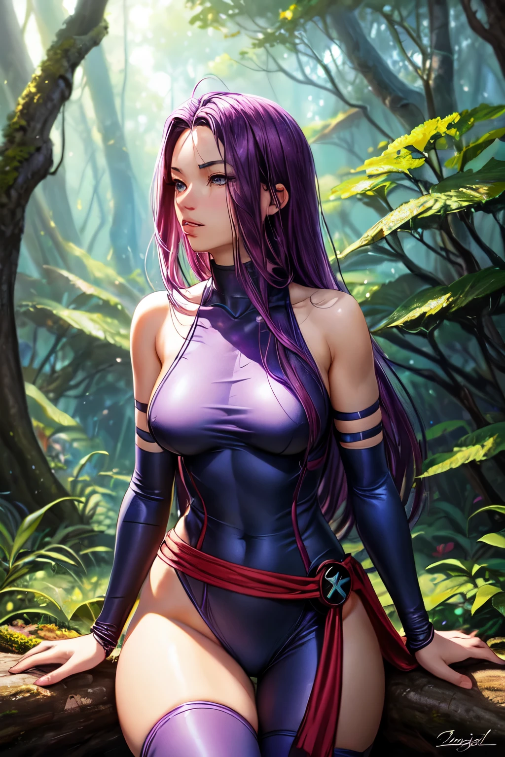 (( best quality)), (( masterpiece)), ( detailed), 1 , bare shoulder sweater, psylocke, long purple hair, in a forest