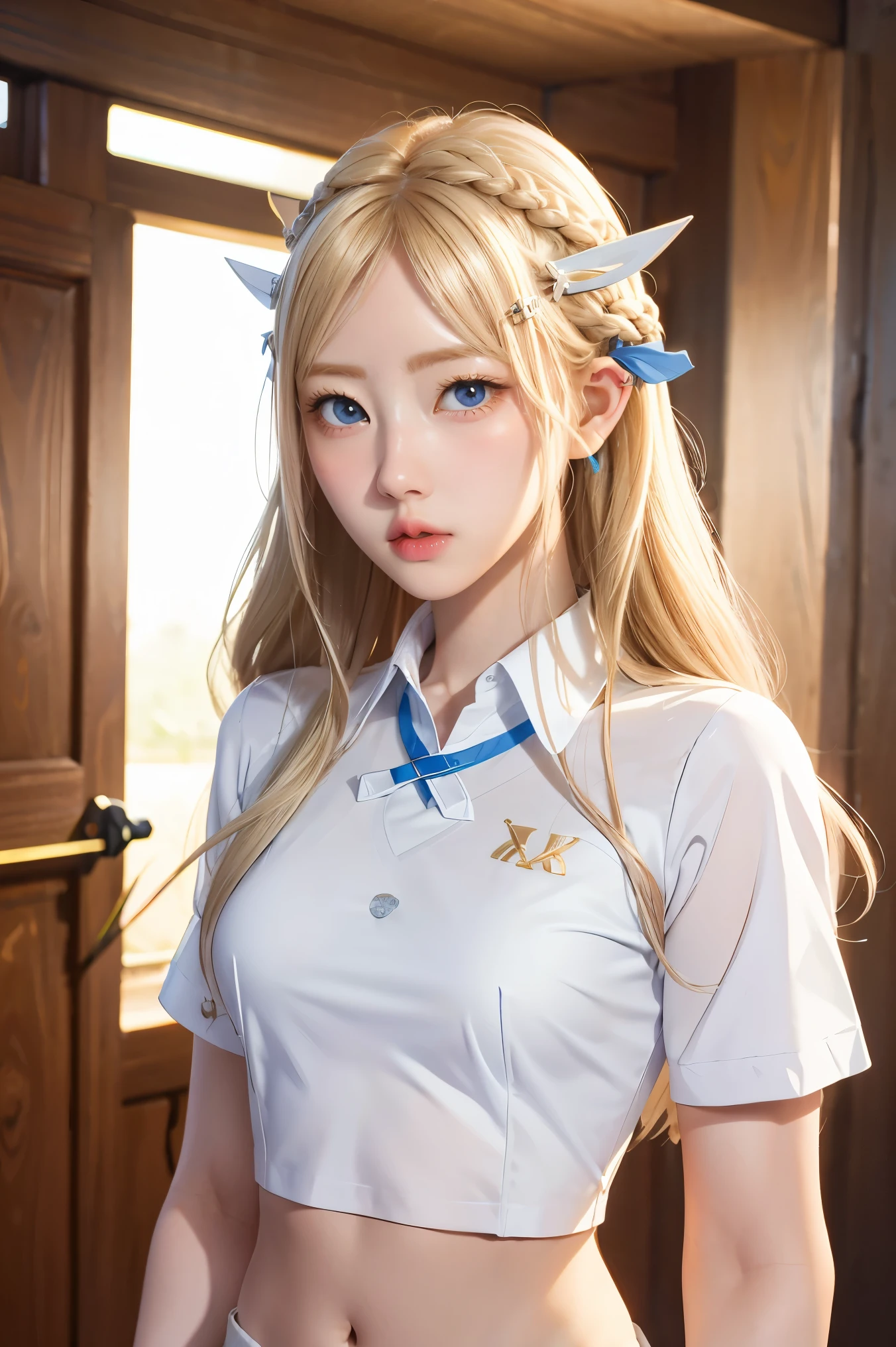 1girl, blonde hair, pointy ears, blue eyes, clothes lift, solo, hair ornament, hairclip, long hair, shirt lift, braid, looking at viewer, lips, lifted by self, horse, upper body, navel, day,white shirt,