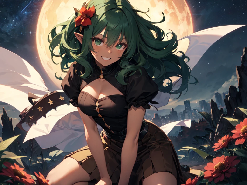 Highest quality,Highest Resolution,Beautiful smiling emerald green bunny girl,High leg,Thigh-high stockings,ponytail,whole body,Back view,Night Sky,Starry Sky,meteor,Bun tail,Reaching for the sky,Great Full Moon,
