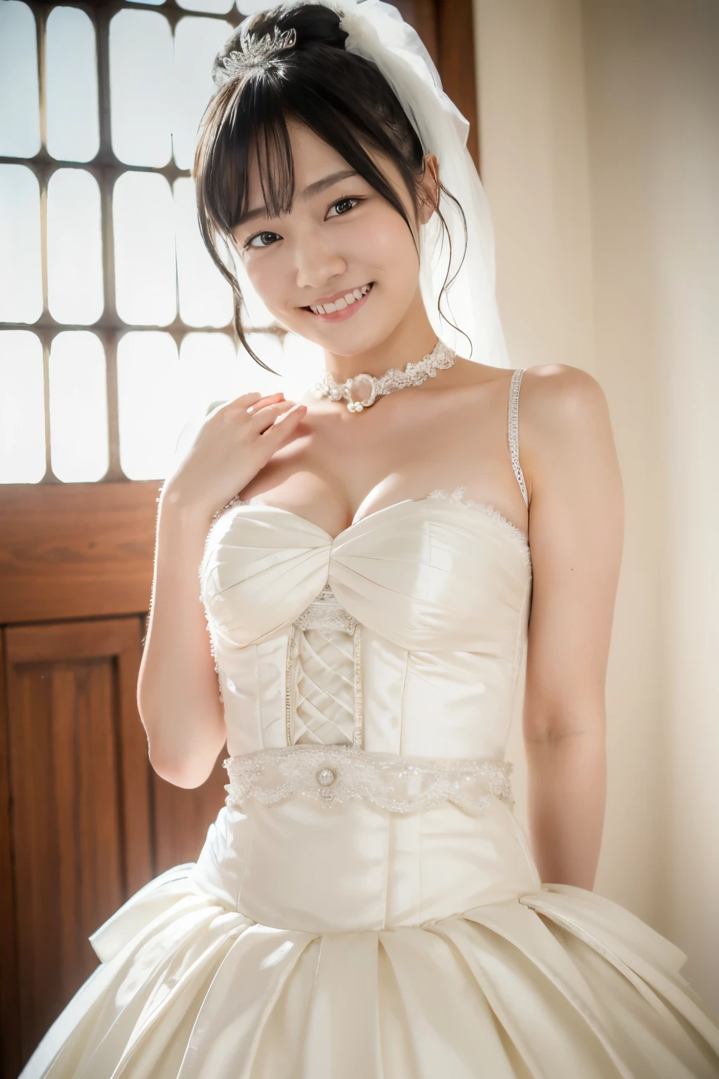 ( wedding dress)、( Best Quality , Mastepice:1.2),8K, super high resolution, more details, Best Quality , Looking at Viewer, perfect lighting ,Flat Light, ultra high quality, super high resolution, Mastepice, photorealistic, detailed face, saki ogawa , ponytail, smiling face ,belly button, thighs、 choker、 garter belt
