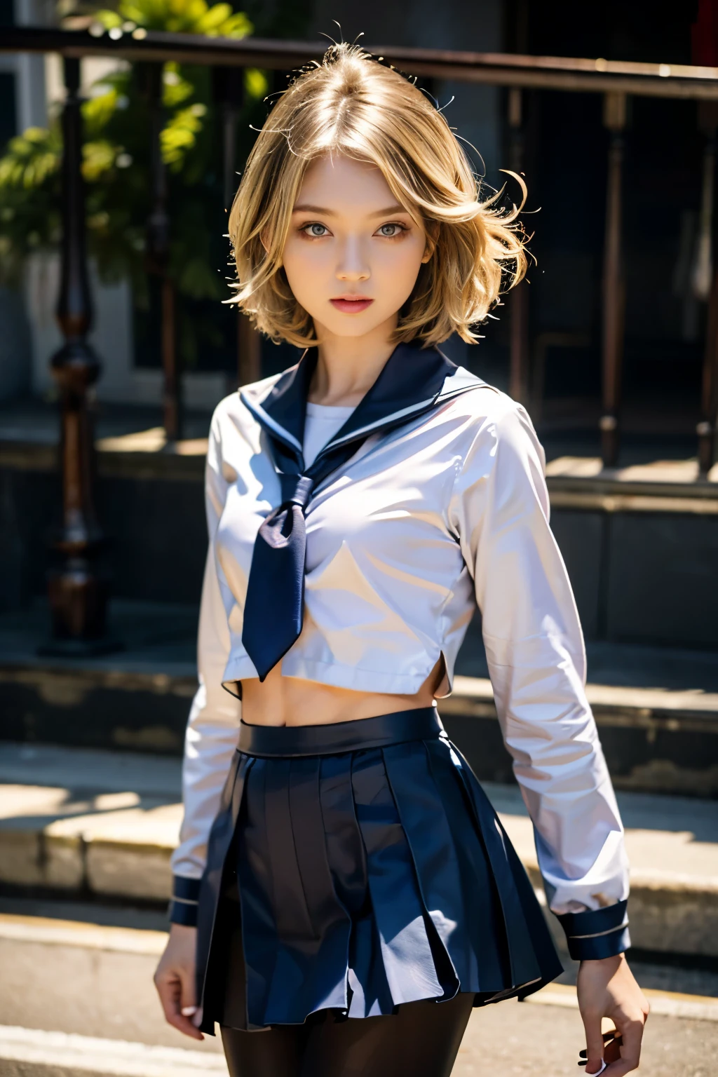 ((Surrealism, retina, masterpiece, accurate, anatomically correct, super detail, best quality, 8k, extremely precise in every detail, beautiful detailed glow, beautiful attention to detail, beautiful detailed eyes)), a female -grade schooler wilghting stance, BREAK wearing long-sleeved navy-blue sailor-uniform, an uniform for Japanese female students, wearing 120 denier thick shiny black tights under the sailor-suit, BREAK long blonde hair, floating hair, (shiny blue eyes), BREAK flat chest like a boy, slender body, BREAK (anatomically correct fingers, anatomically correct hands), BREAK (Jeet-Kune-Do), navy-blue pleated mini-skirt, in the street of futuristic Washington, accurately described Samurai-sword