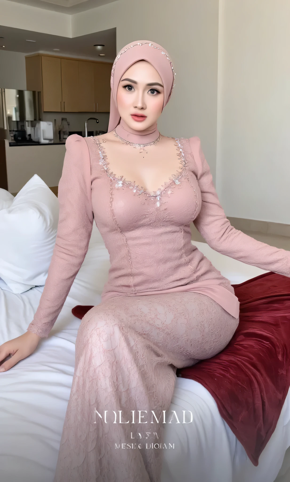 (Realistic), 1 lady, wearing a pink baju kurung, tight dress, (wearing white hijab), sitting at a banquet party, red lips, lipstick, big blue eyes, slim body, medium breast, politely posing, wearing a big necklace, perky