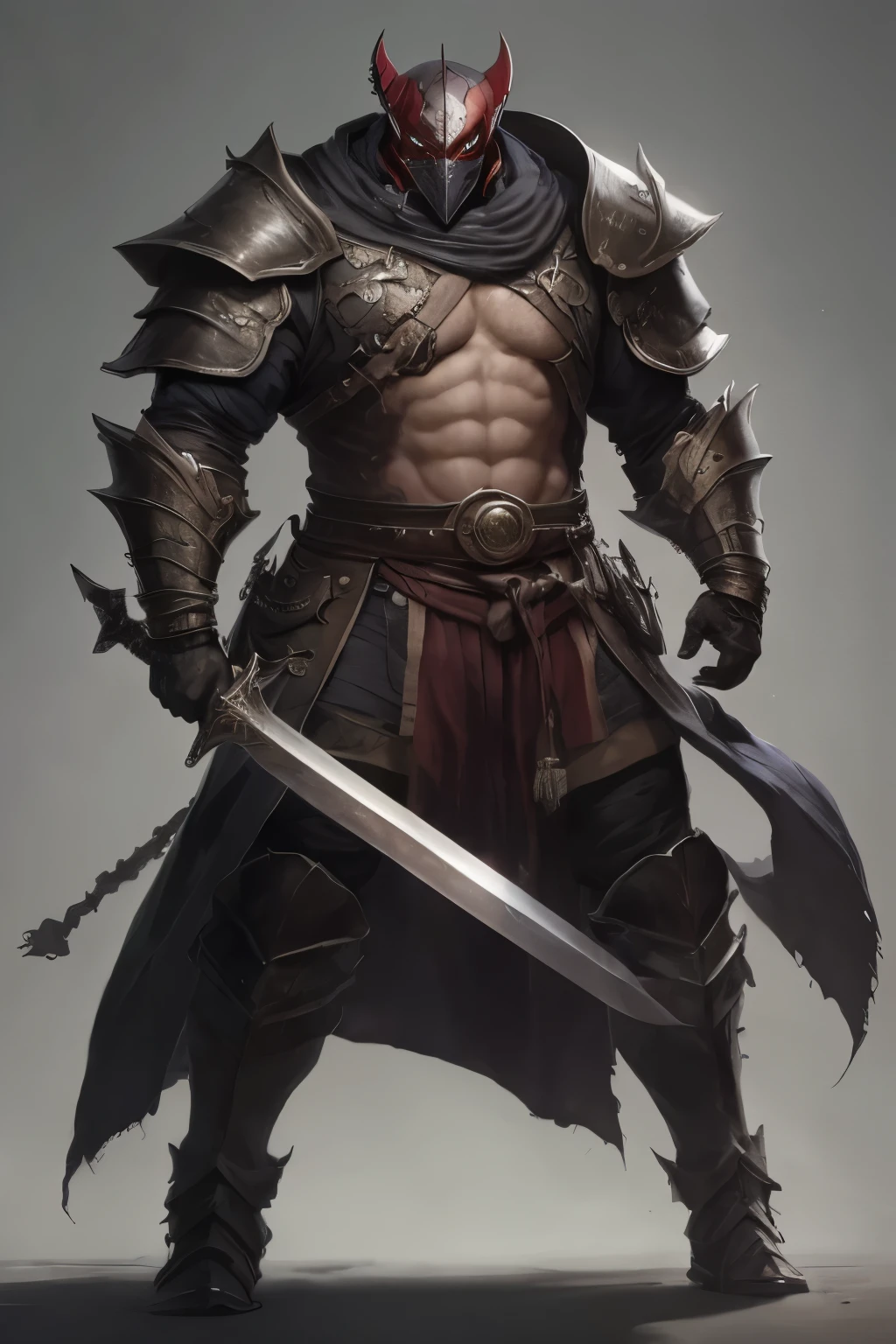  showing their whole body ,  viewer,  with a sword, Heavy Armor， mask ,  standing in the way , Poses that are likely to attack even now, Villain, Enemy Character, rpg, Jrpg, Indignant Han, Brutal and outrageous , The Man Who Loses Slimming,  stylish,  slender body , cunning,  tall, Cloth Armor