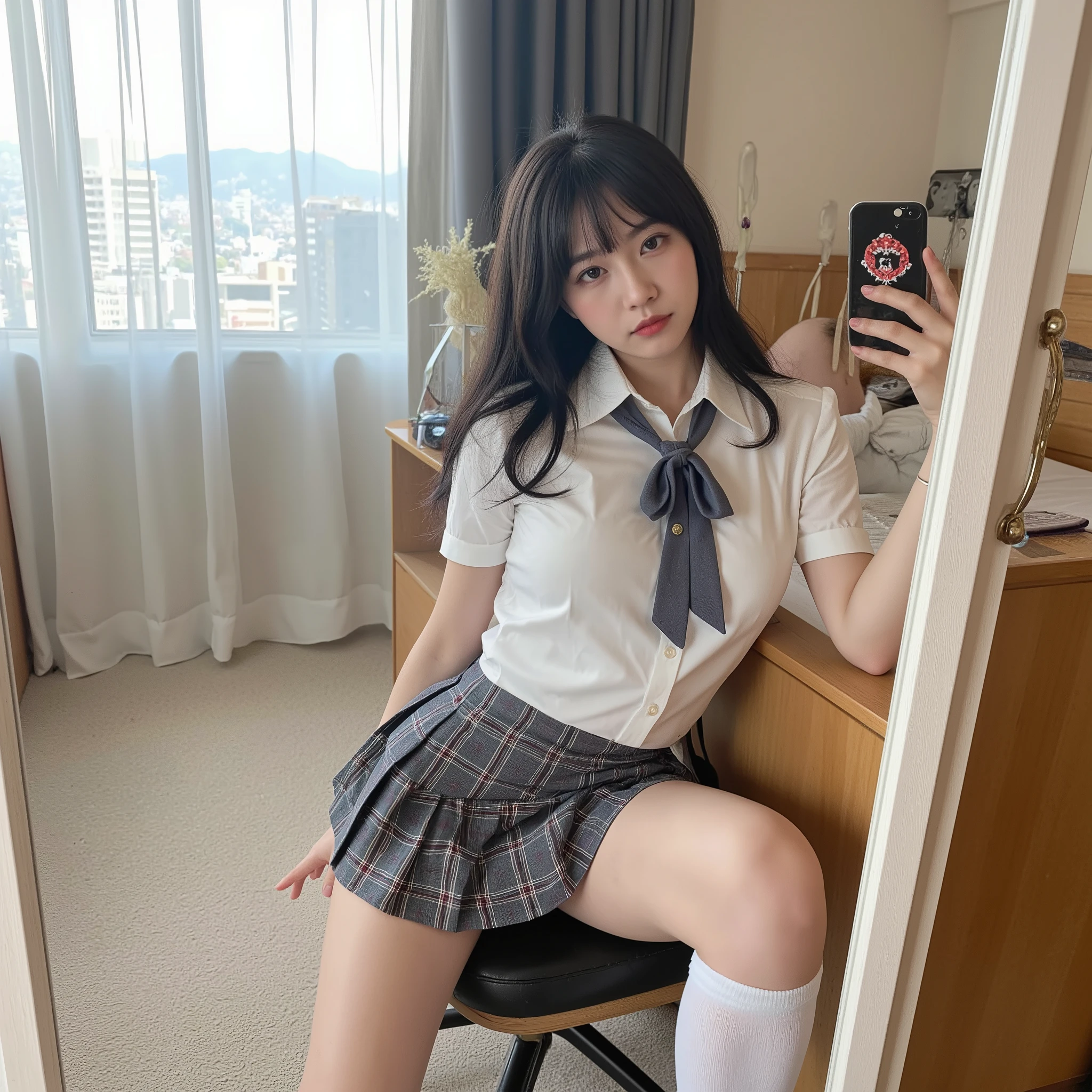 beautiful girl、high school girl、Idol、clear、stockings、mini skirt、See-through、sit