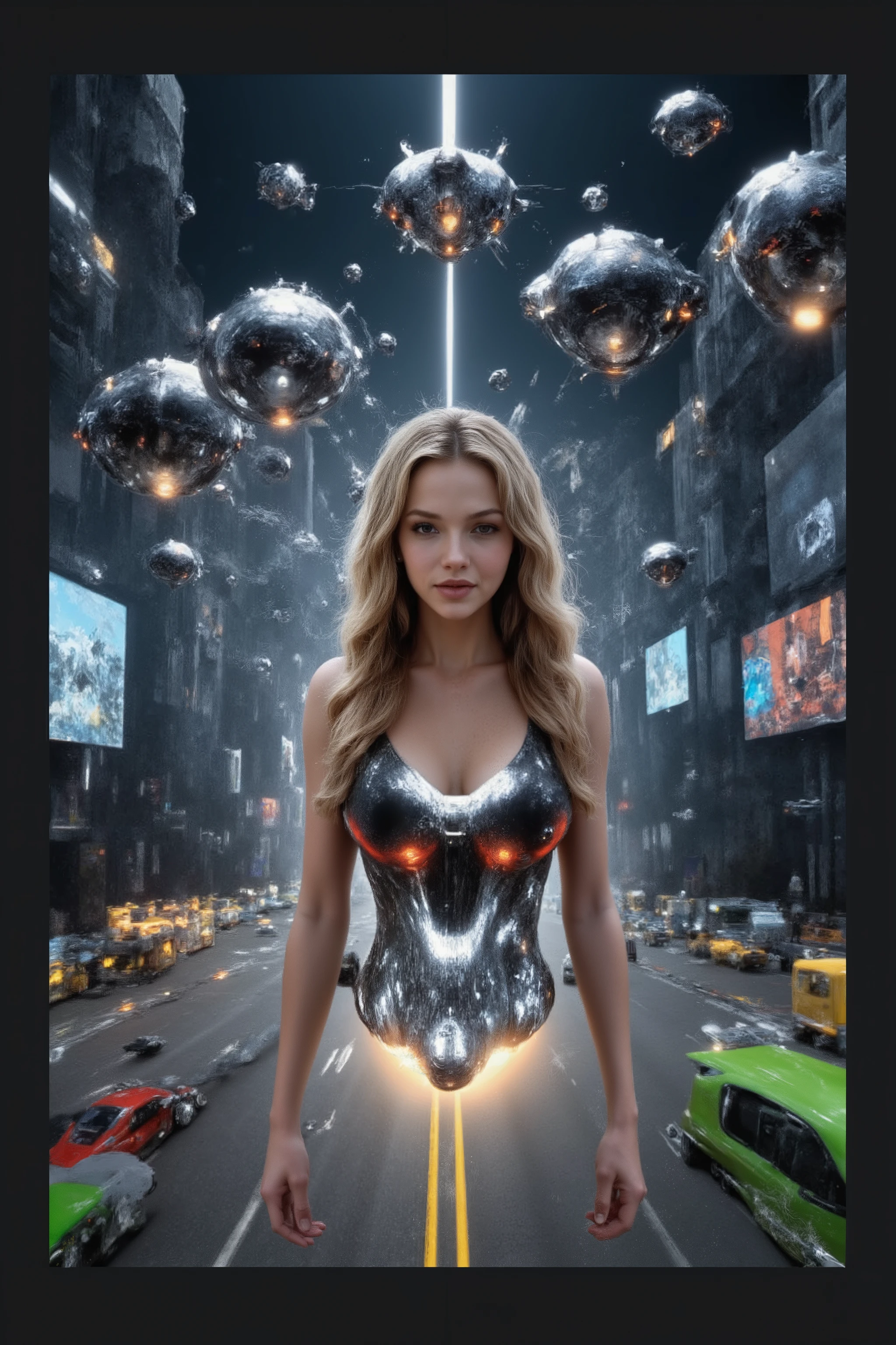 (best quality,4k,8k,highres,masterpiece:1.2), photorealistic,photo-realistic:1.37),highly detailed, futuristic metropolis.Super high skyscrapers with media screens covering the structures instead of windows. 2 hover vehicles, one super reflective black, and one bright glossu red and silver flying high and low leave trails of color and light behind as they chase each other. Speed lines. Motion lines. Hover bikes follow close while dodging drones that litter the crystal clear sky. 3D, realism, cinematic photography, cinematic lighting, cinematic portrait, portrait photography, cinematography, full focus, UHDR, hyperrealistic, visually disorienting, portrait photography, surrealism, etheral, cyberpunk cityscape, futurism, highest quality, masterpiece.