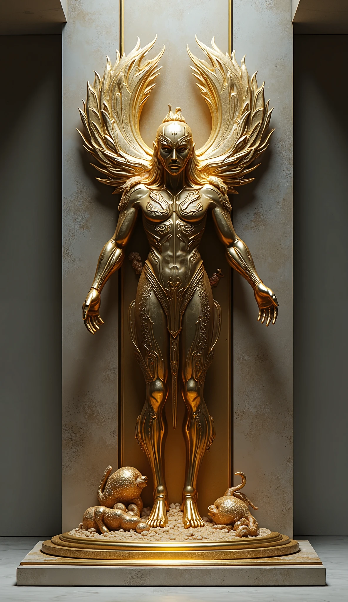 ) a golden humanoid stand with golden arrows on its body, they are located: one on each shoulder and knee, two on the back and one on the belly, all as if they were thorns