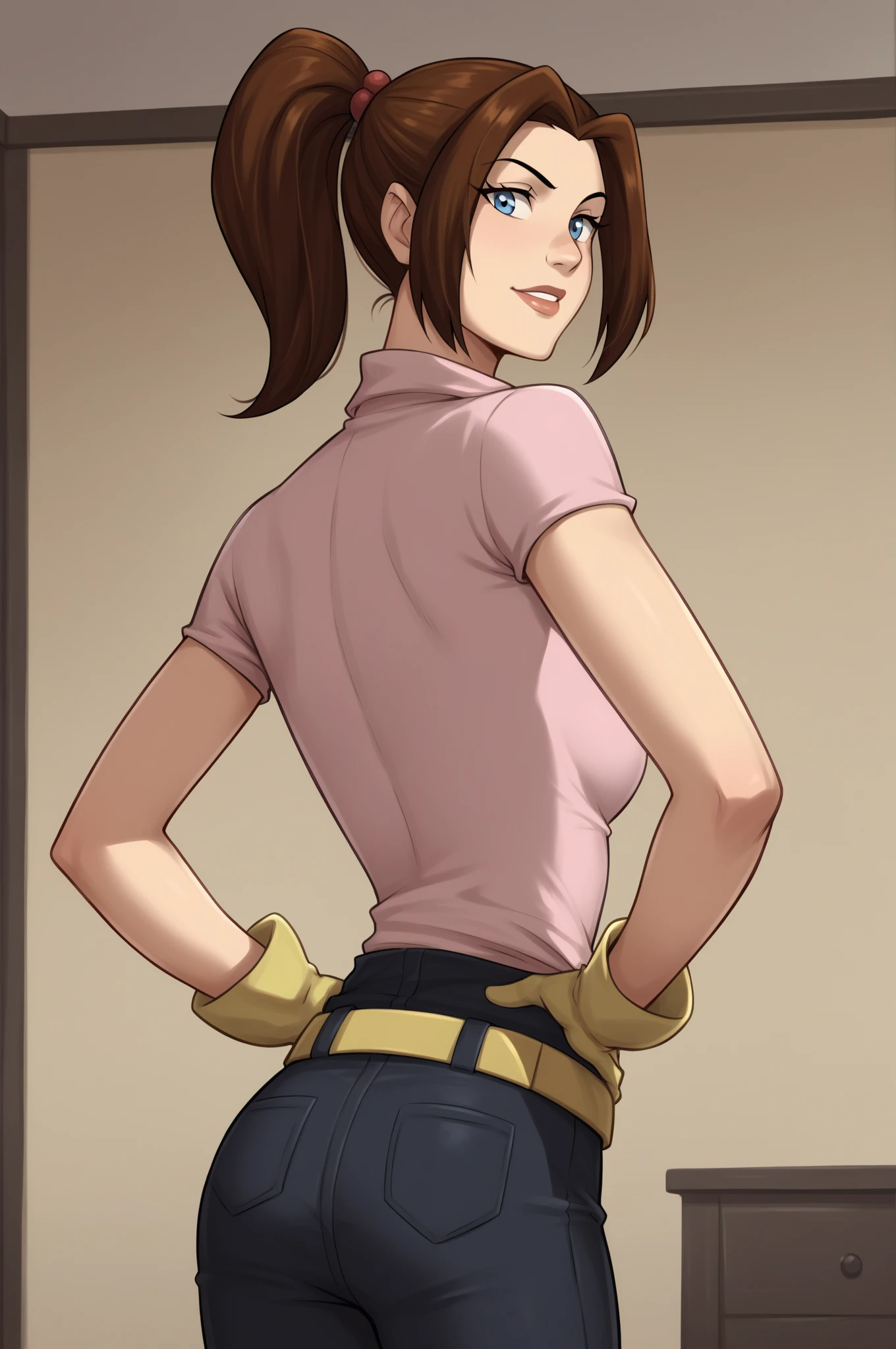 absurdres, highres, best quality, masterpiece, rimjob, from behind, tongue, anus, pussy, multiple girls, 2girls, ass grab, yuri, looking at viewer, forest background, bokeh, (seductive smile:1.5), rosa, long hair, hair bun, twintails, double bun, large breasts, very long hair, visor cap, black pantyhose, raglan sleeves, yellow shorts hilda, long hair, high ponytail, blue eyes, brown hair, large breasts, baseball cap, sidelocks, vest, shirt, wristband, sleeveless, white shirt, black vest, sleeveless shirt